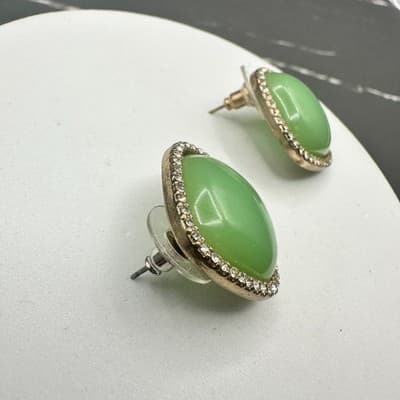 Mint Green Cushion-Cut Earrings w/ Rhinestone Halo Vintage Glam - Thumbnail 4