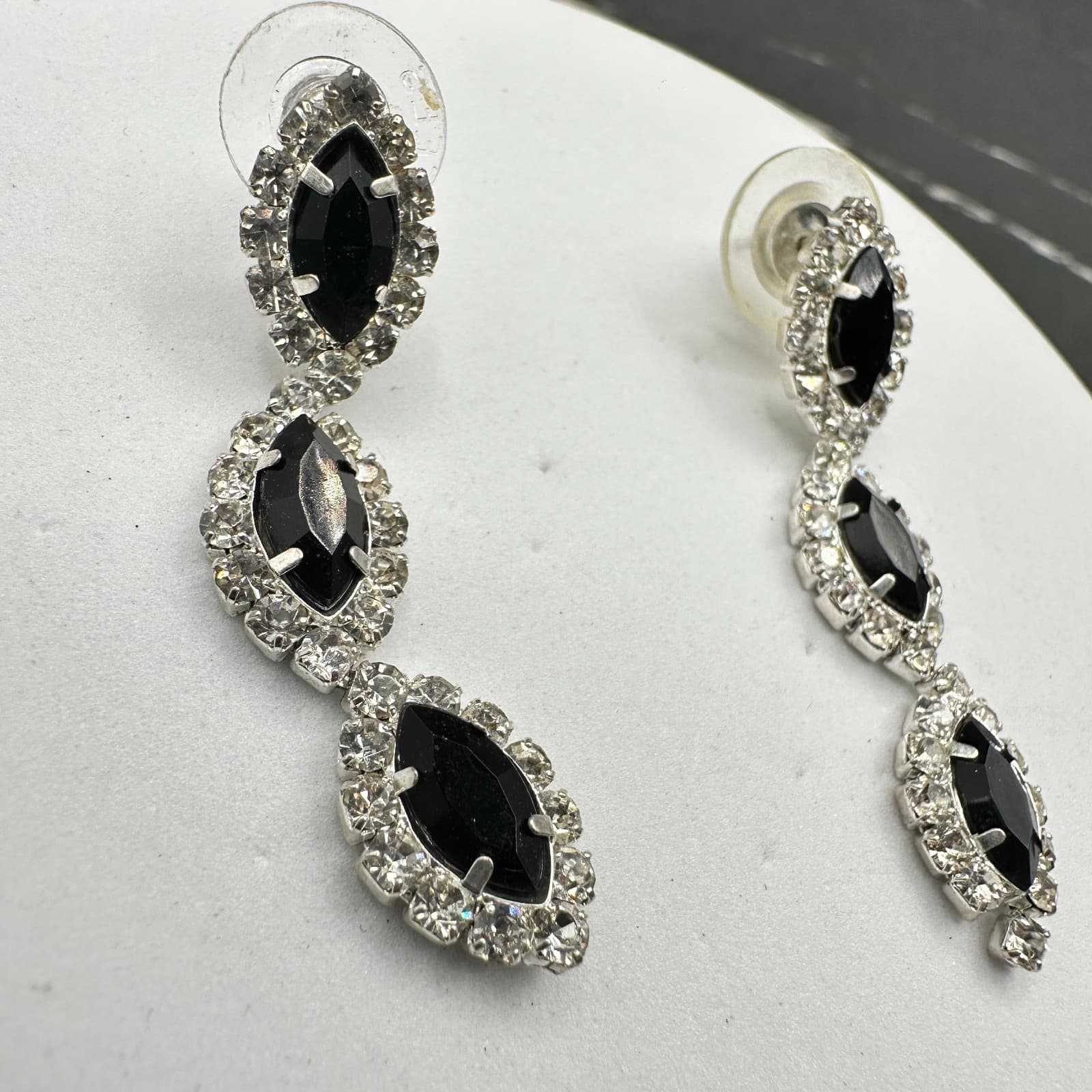 VTG Black Rhinestone Triple Drop Statement Earrings Women Silver Tone Jewelry - Thumbnail 10