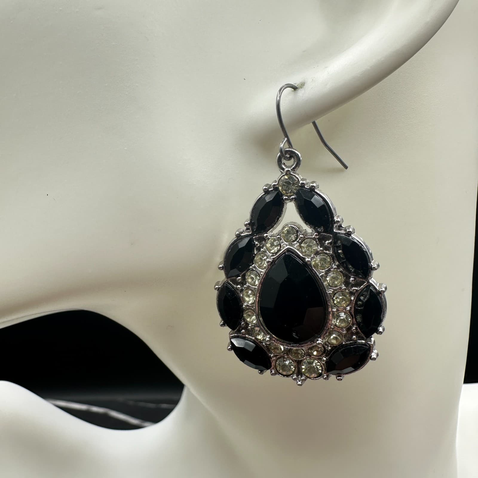 Black Teardrop Rhinestone Chandelier Earrings Silver Tone Glam Y2K - Thumbnail 2
