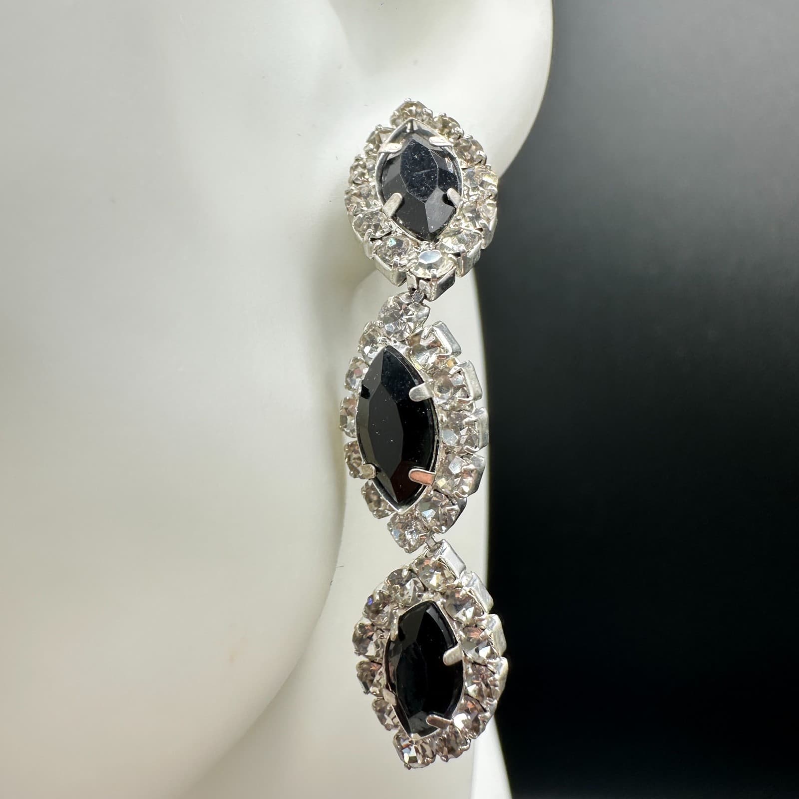 VTG Black Rhinestone Triple Drop Statement Earrings Women Silver Tone Jewelry - Thumbnail 2
