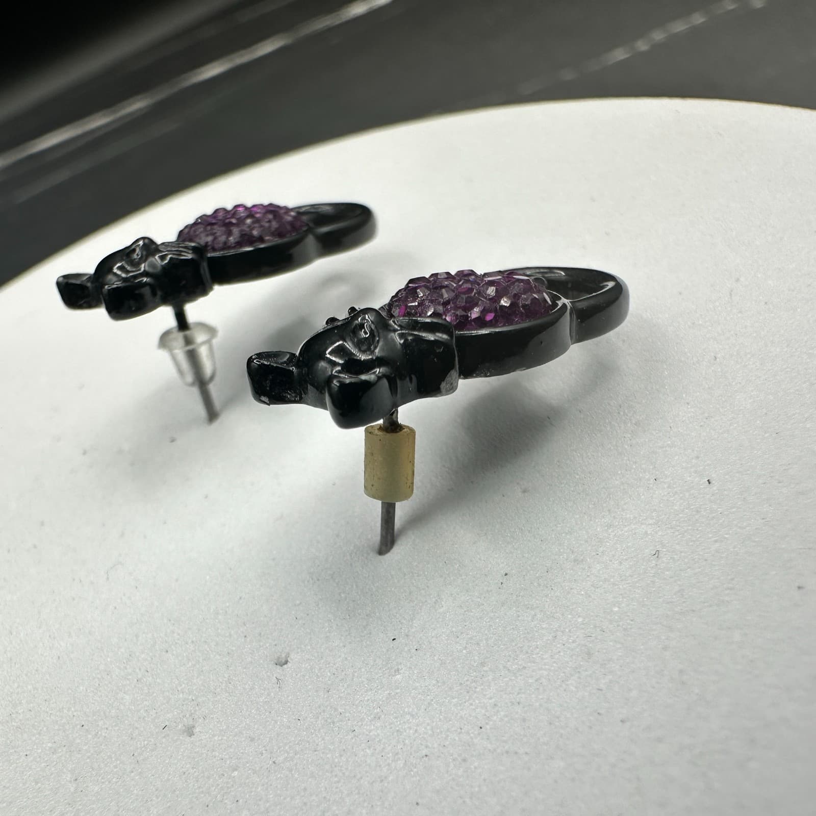 Vintage Black & Purple Rhinestone Cat Earrings Whimsical Halloween Style - Thumbnail 7