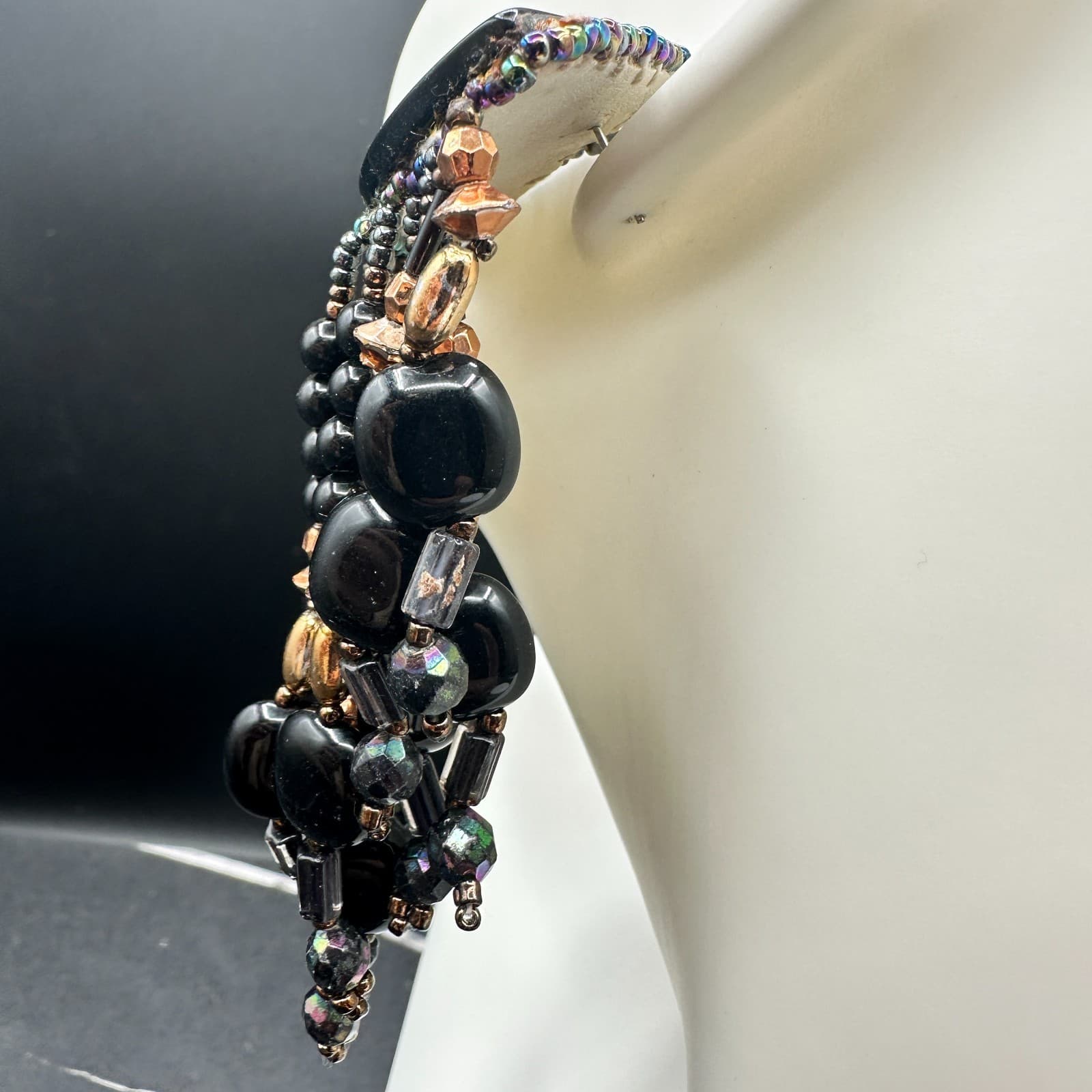 Black & Bronze Multi-Strand Beaded Waterfall Statement Earrings Bold Boho - Thumbnail 5