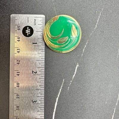 Vintage Green Enamel Round Earrings Gold Leaf Art Deco Style - Thumbnail 8