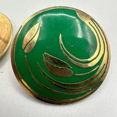 Vintage Green Enamel Round Earrings Gold Leaf Art Deco Style - Thumbnail 4