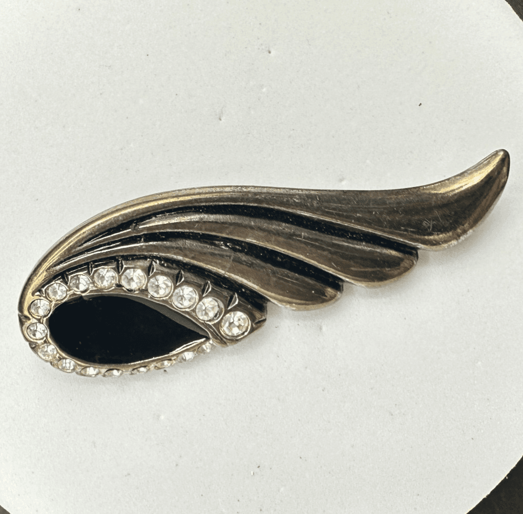 Vintage 80s 90s Art Deco Rhinestone Swirl Brooch Black Enamel Silver Statement