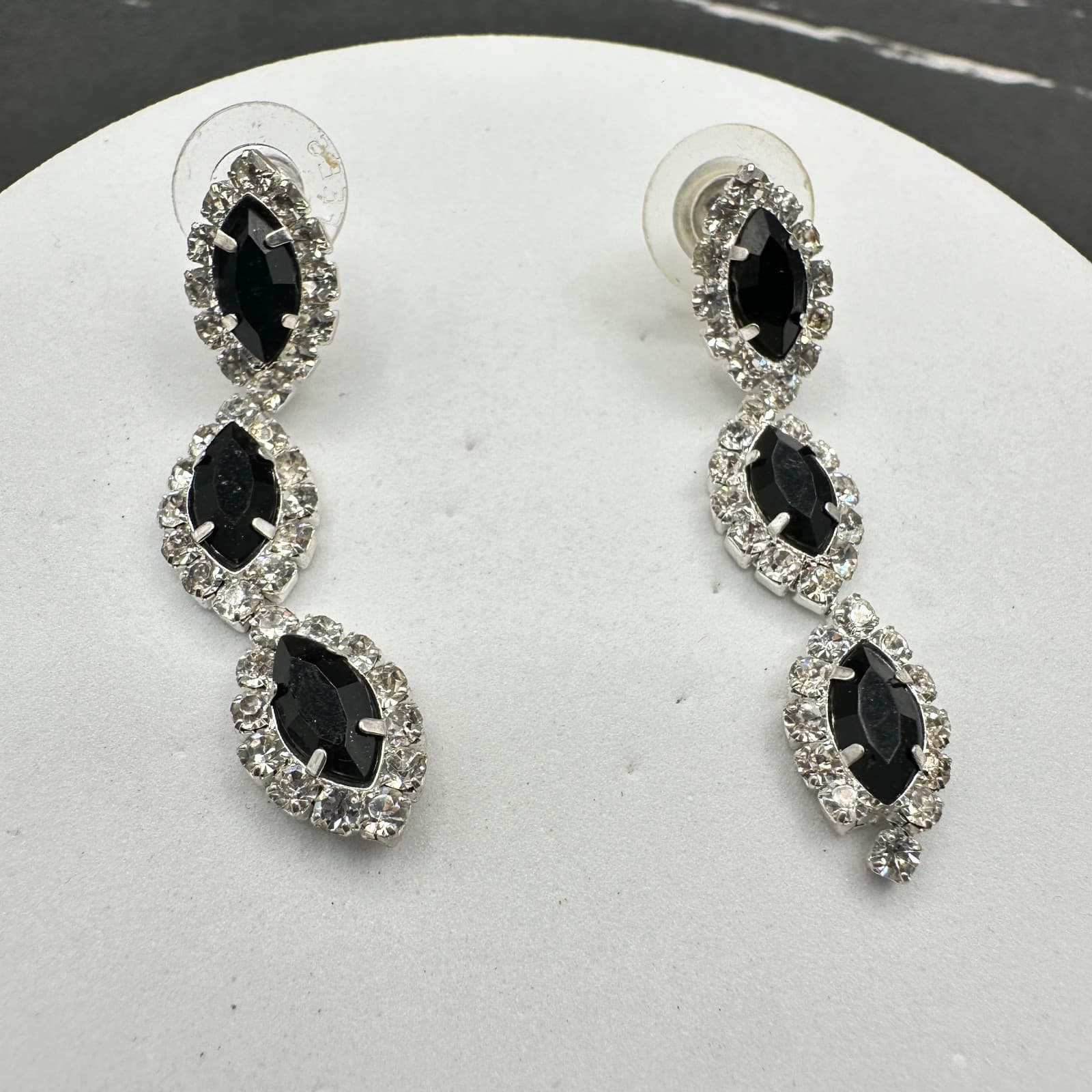 VTG Black Rhinestone Triple Drop Statement Earrings Women Silver Tone Jewelry - Thumbnail 9