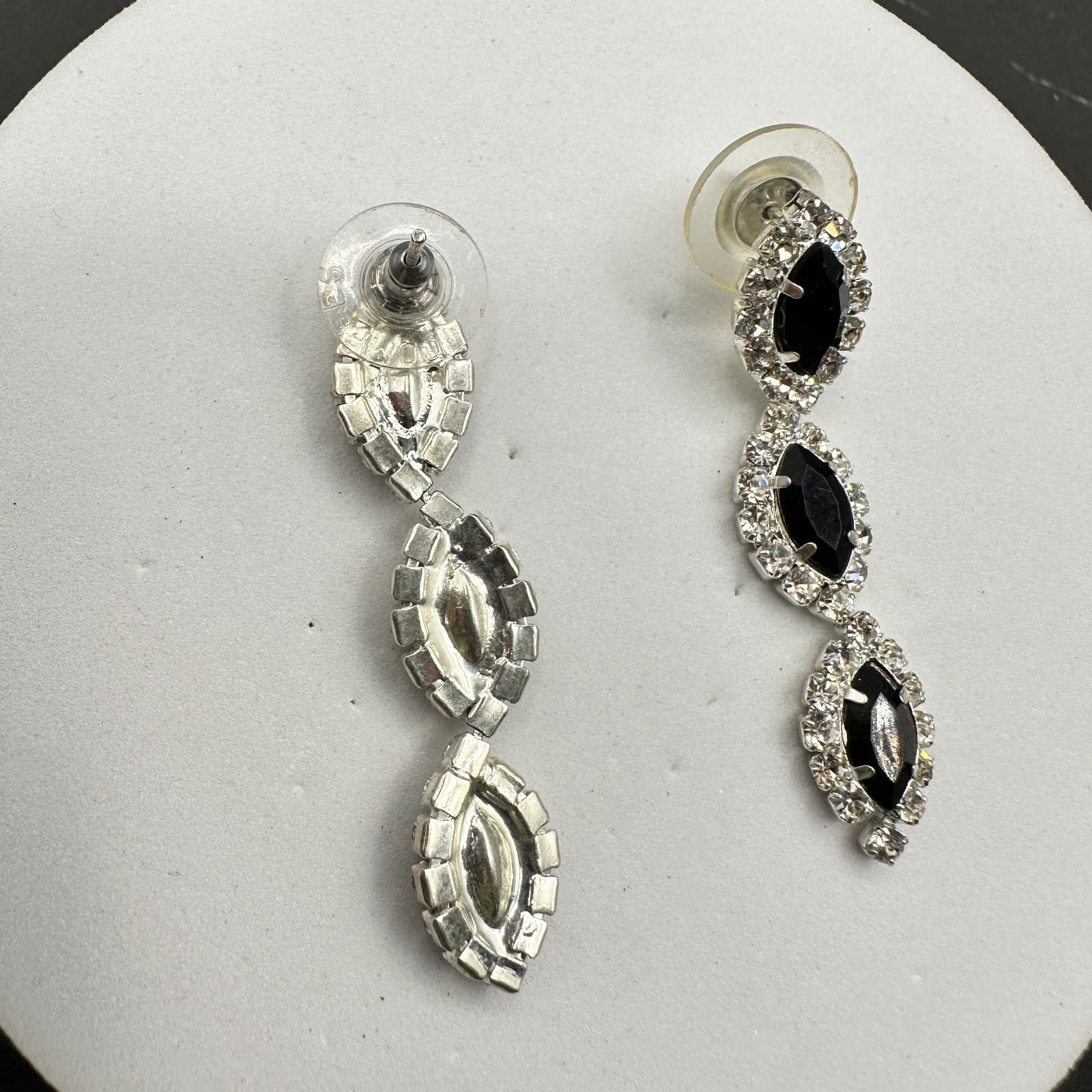 VTG Black Rhinestone Triple Drop Statement Earrings Women Silver Tone Jewelry - Thumbnail 12