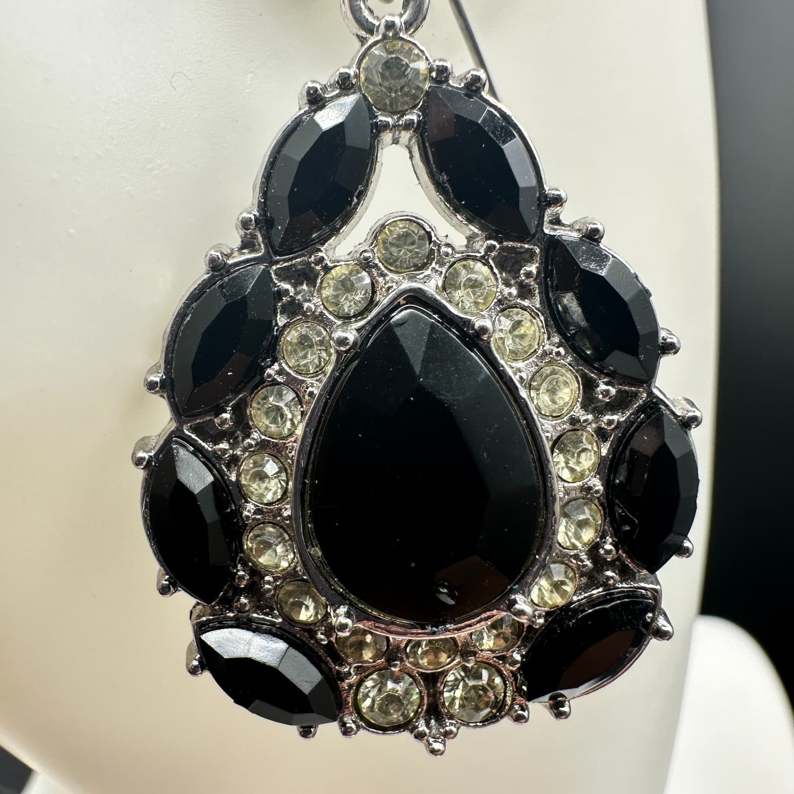 Black Teardrop Rhinestone Chandelier Earrings Silver Tone Glam Y2K - Thumbnail 5