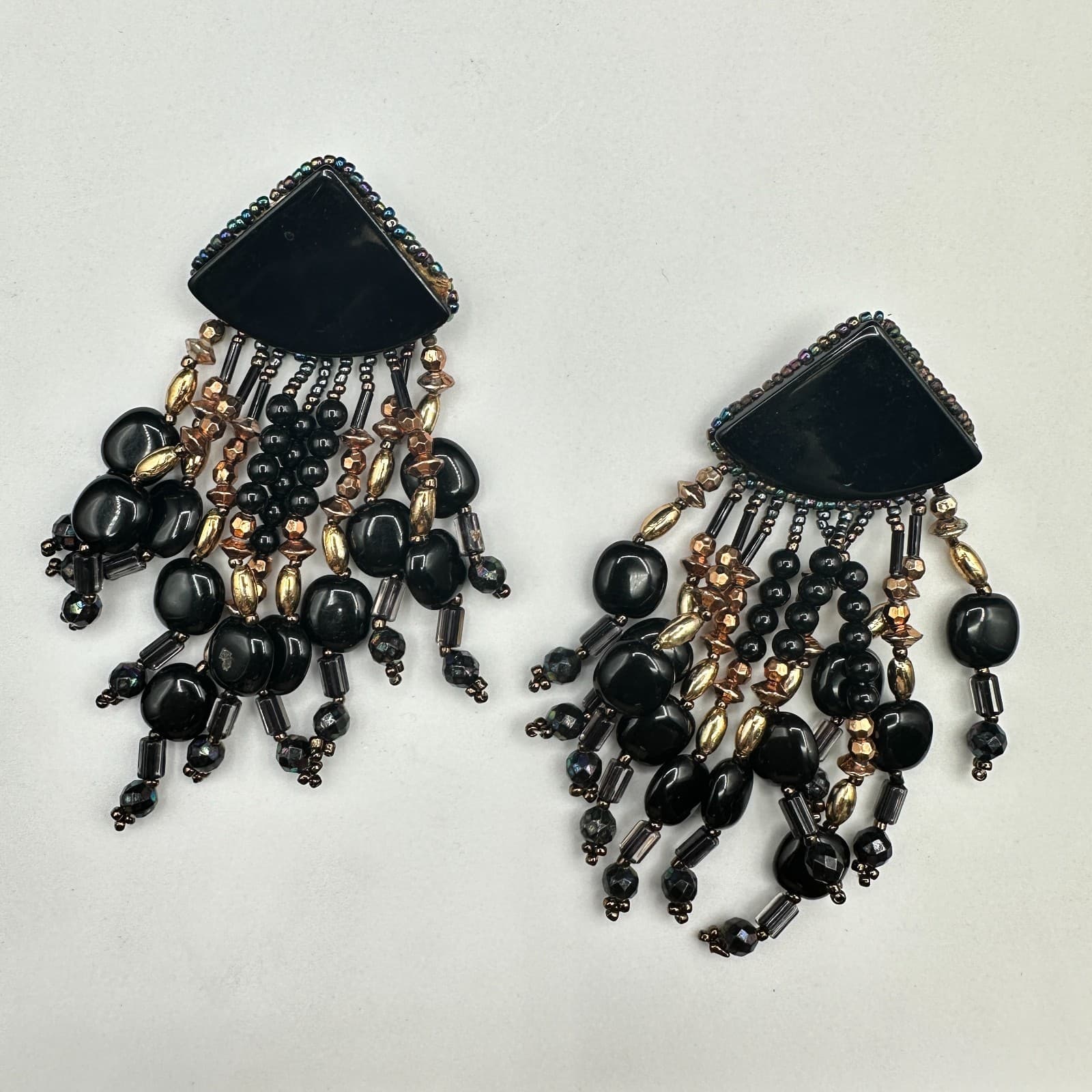 Black & Bronze Multi-Strand Beaded Waterfall Statement Earrings Bold Boho - Thumbnail 6