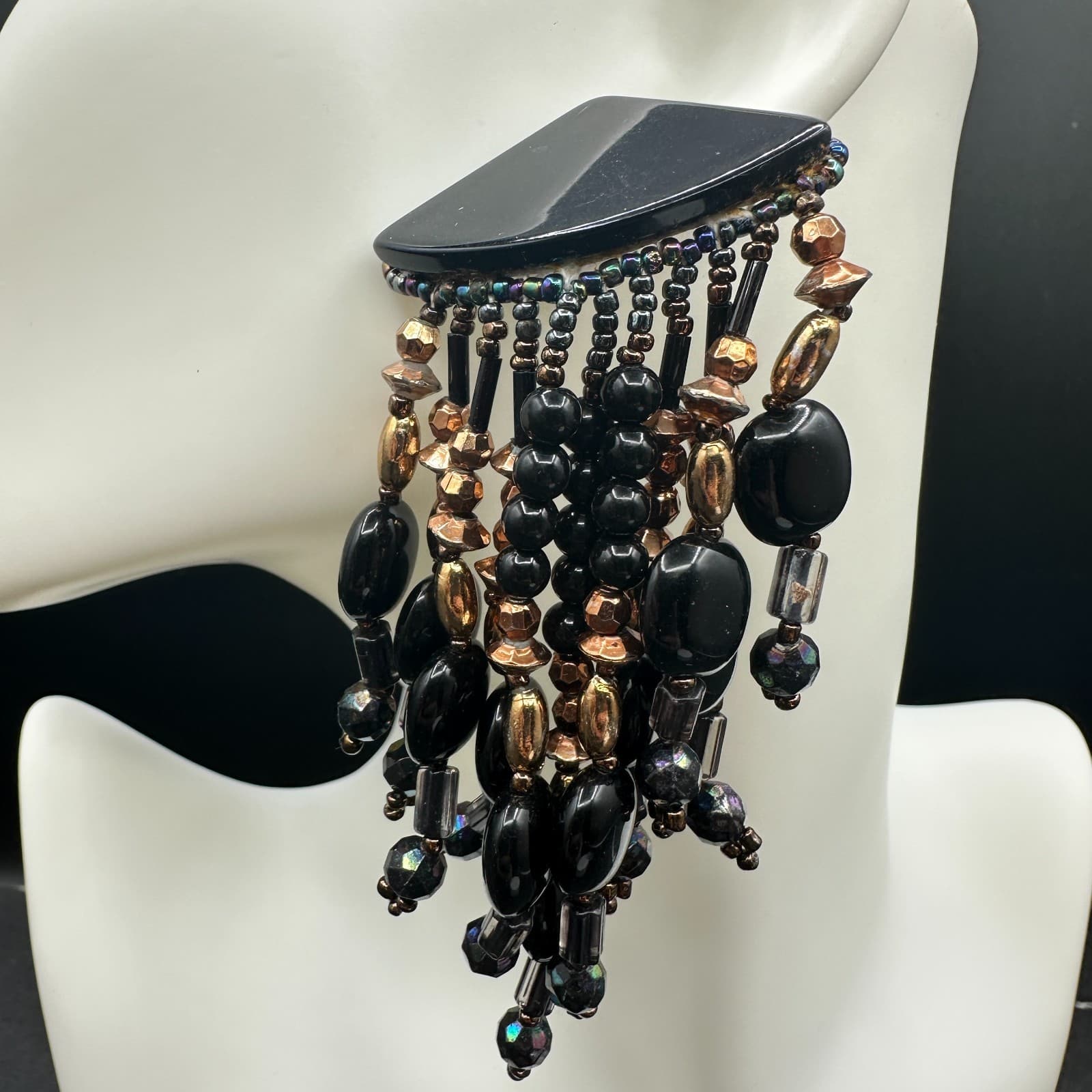 Black & Bronze Multi-Strand Beaded Waterfall Statement Earrings Bold Boho - Thumbnail 2