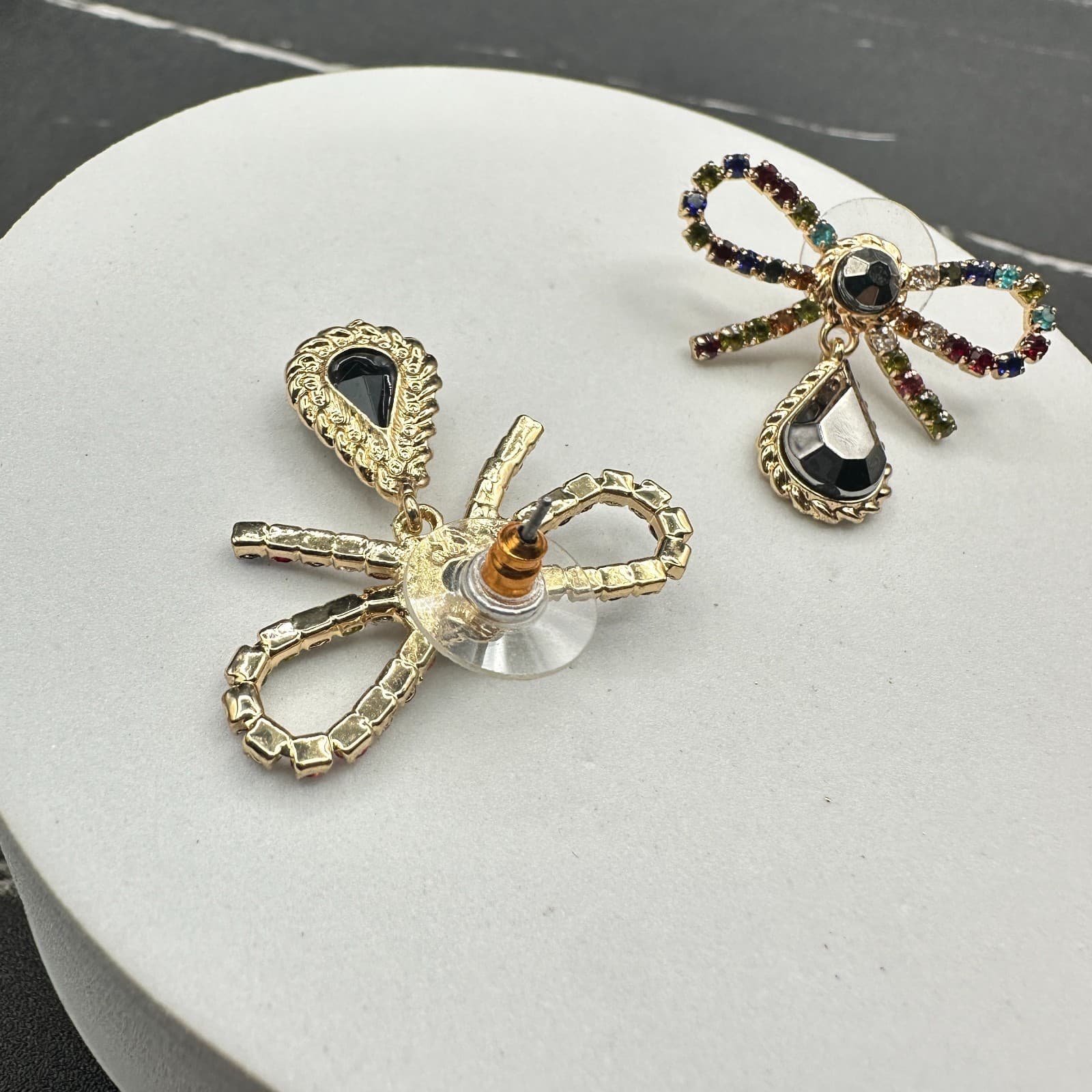 Gold Tone Bow Earrings Rainbow Rhinestones & Black Teardrop Y2K Glam - Thumbnail 3