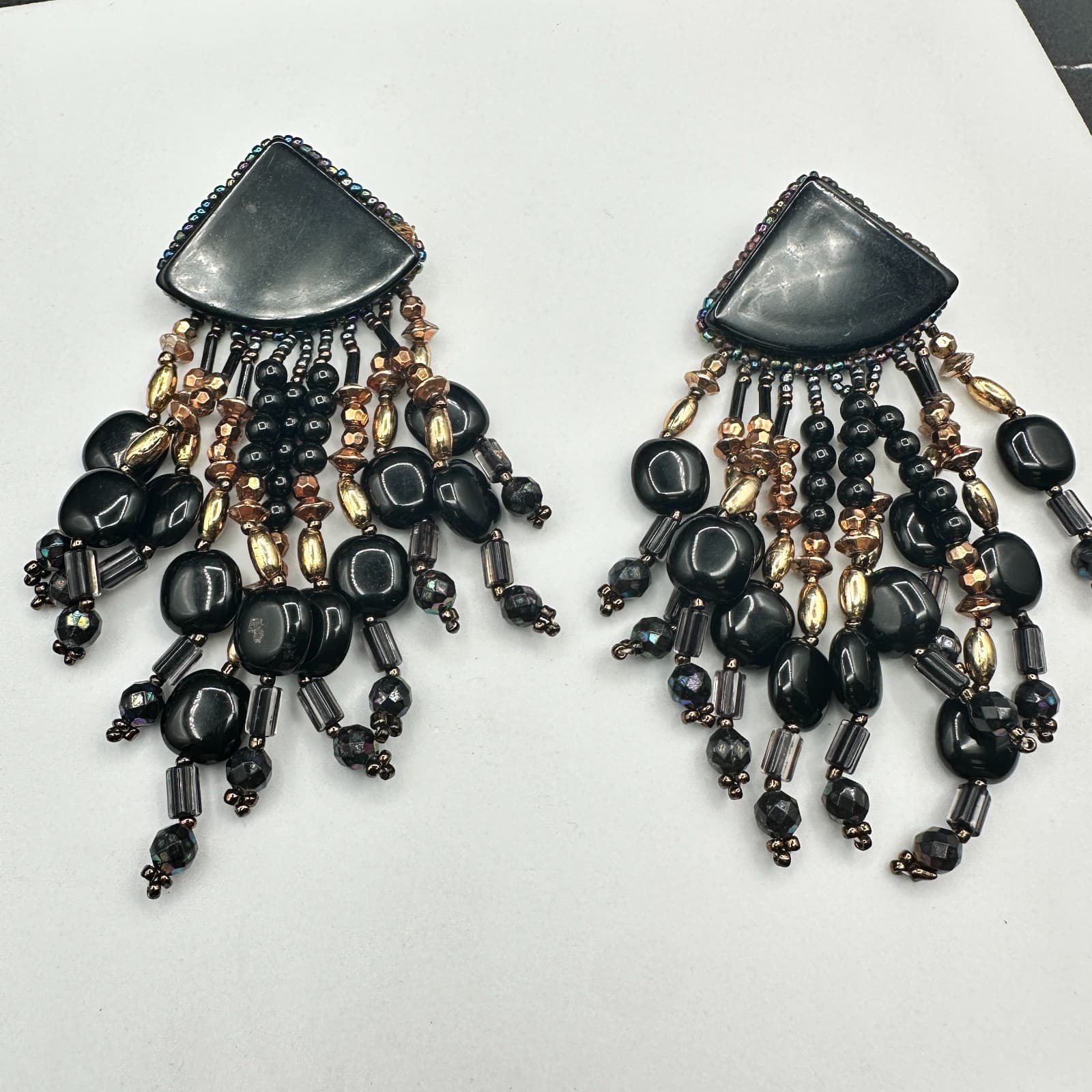 Black & Bronze Multi-Strand Beaded Waterfall Statement Earrings Bold Boho - Thumbnail 7