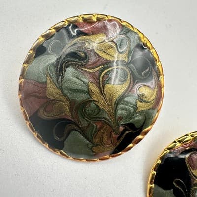 Vintage Marbled Enamel Round Earrings Gold Trim Art Deco Style - Thumbnail 4