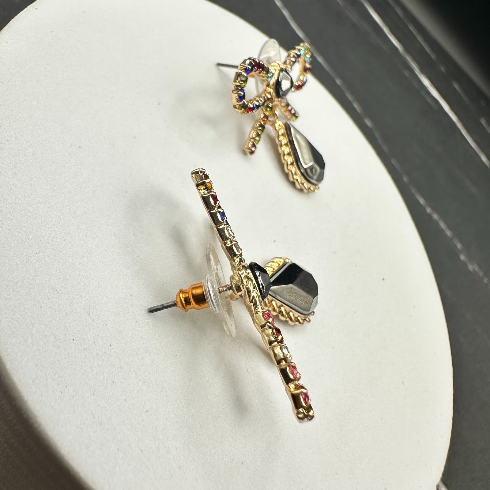 Gold Tone Bow Earrings Rainbow Rhinestones & Black Teardrop Y2K Glam - Thumbnail 4