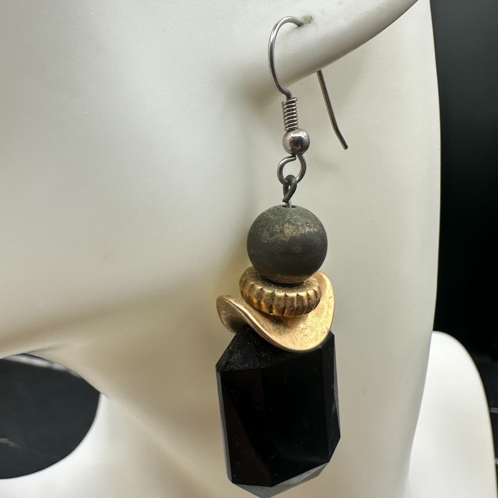 Vintage 90s Black Faceted Drop Earrings Gold Tribal-Inspired Boho Statement - Thumbnail 7