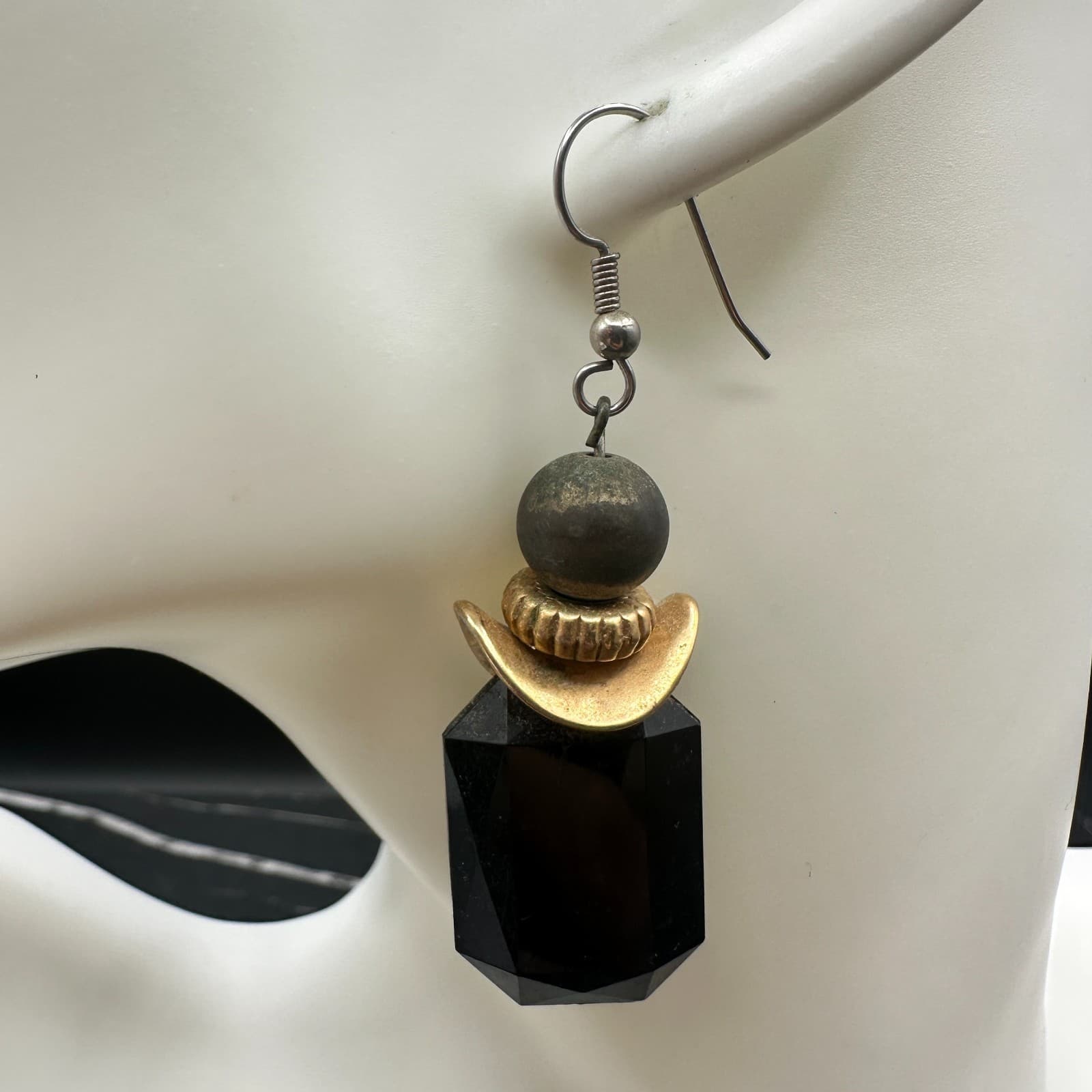 Vintage 90s Black Faceted Drop Earrings Gold Tribal-Inspired Boho Statement - Thumbnail 2
