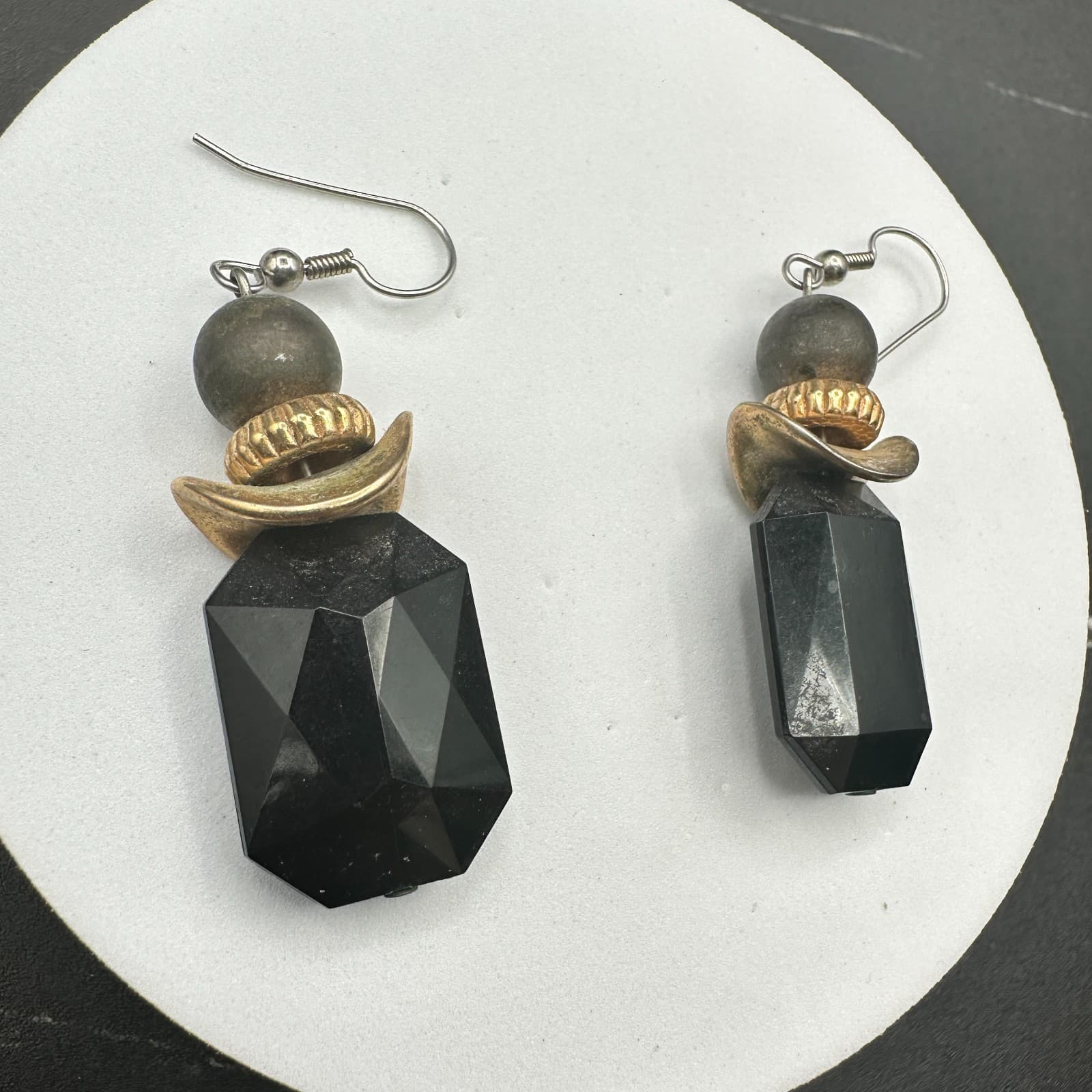 Vintage 90s Black Faceted Drop Earrings Gold Tribal-Inspired Boho Statement - Thumbnail 3