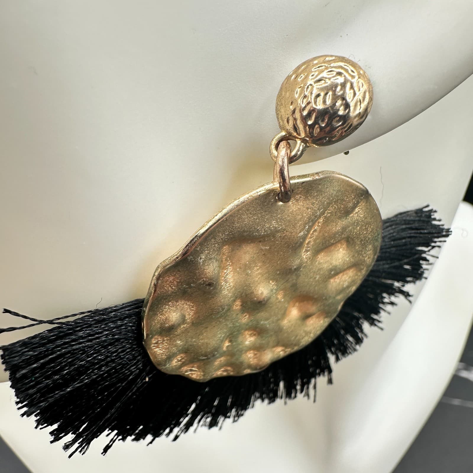 Gold Tone Hammered Disc & Black Fringe Statement Earrings Boho Chic - Thumbnail 5