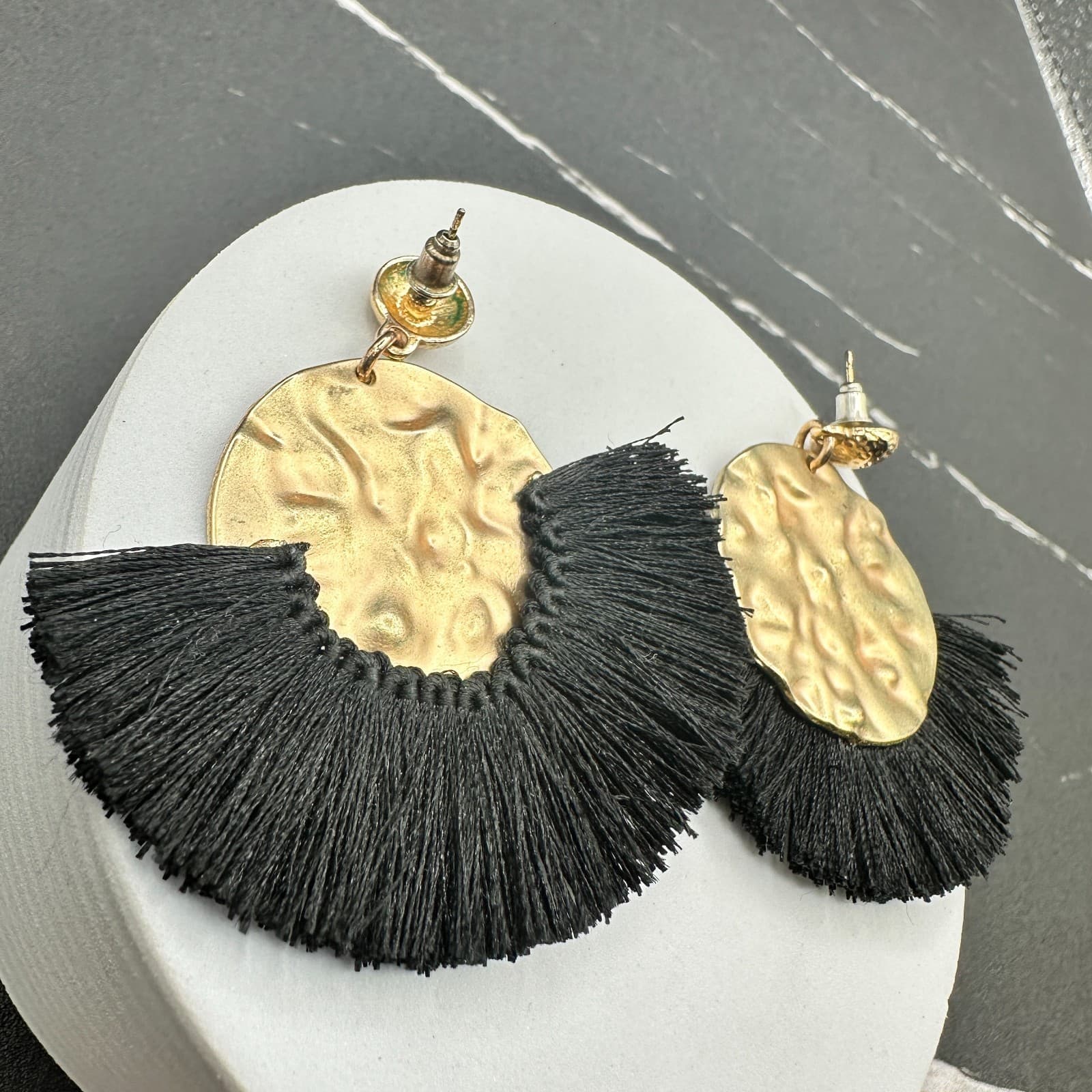 Gold Tone Hammered Disc & Black Fringe Statement Earrings Boho Chic - Thumbnail 3