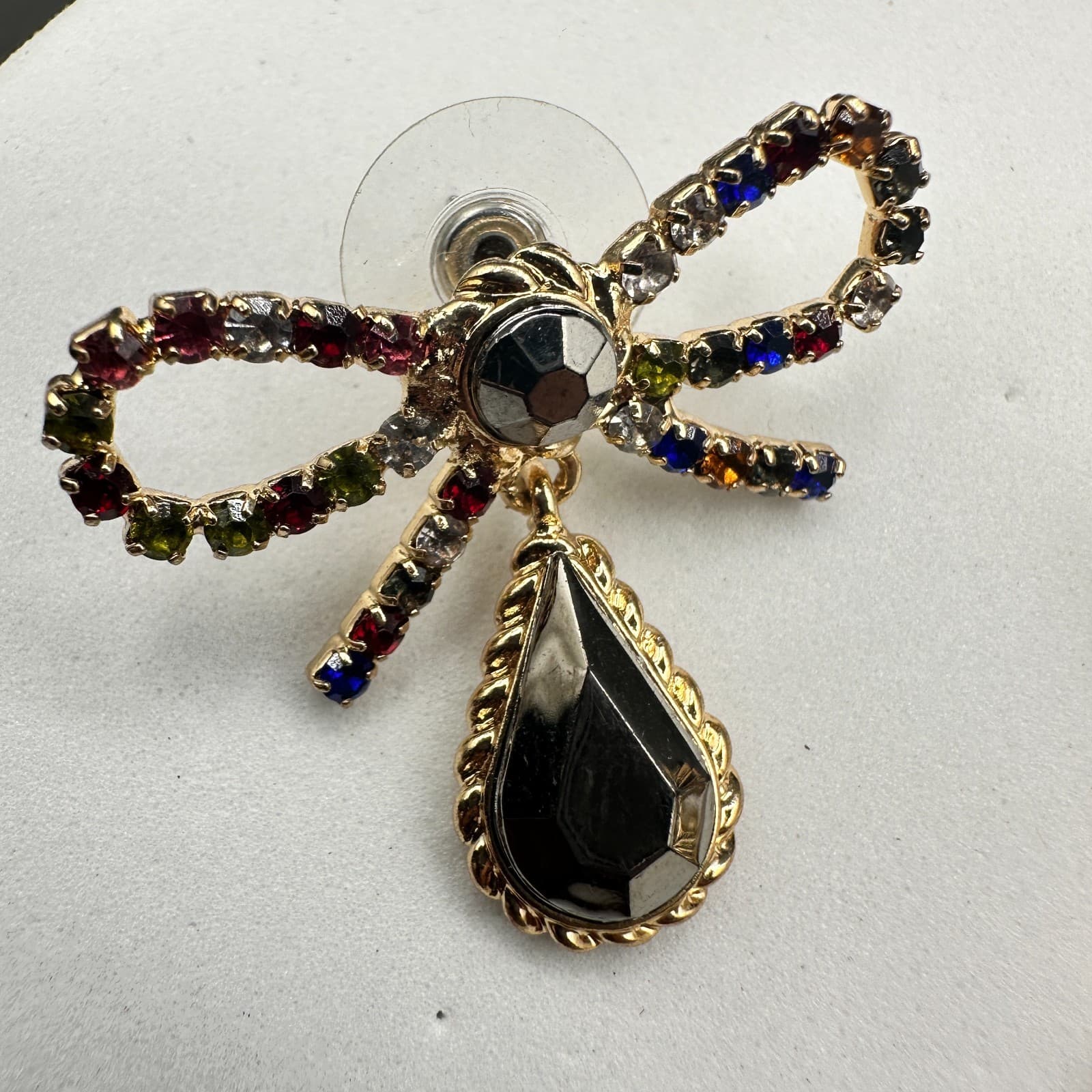 Gold Tone Bow Earrings Rainbow Rhinestones & Black Teardrop Y2K Glam - Thumbnail 7