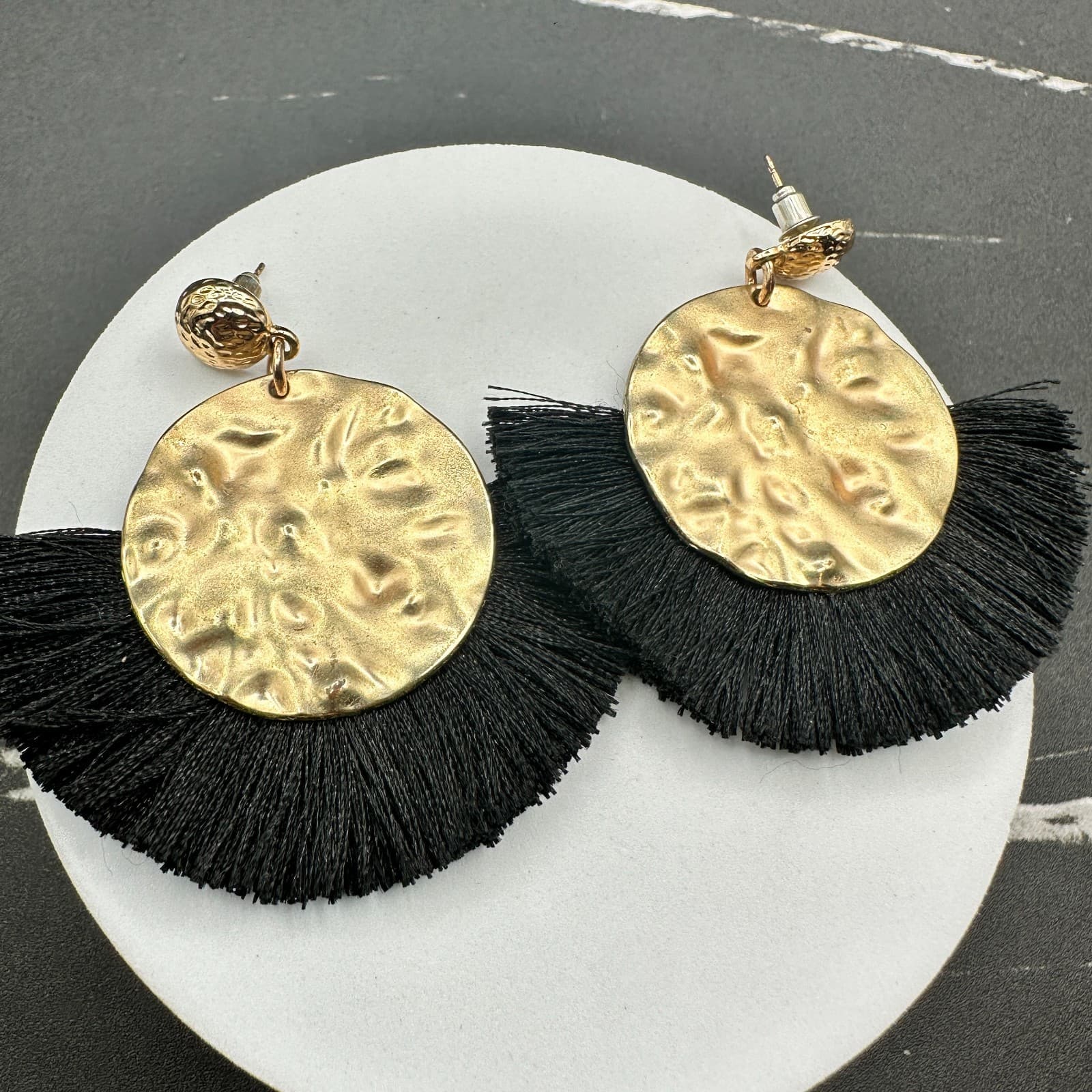 Gold Tone Hammered Disc & Black Fringe Statement Earrings Boho Chic - Thumbnail 2