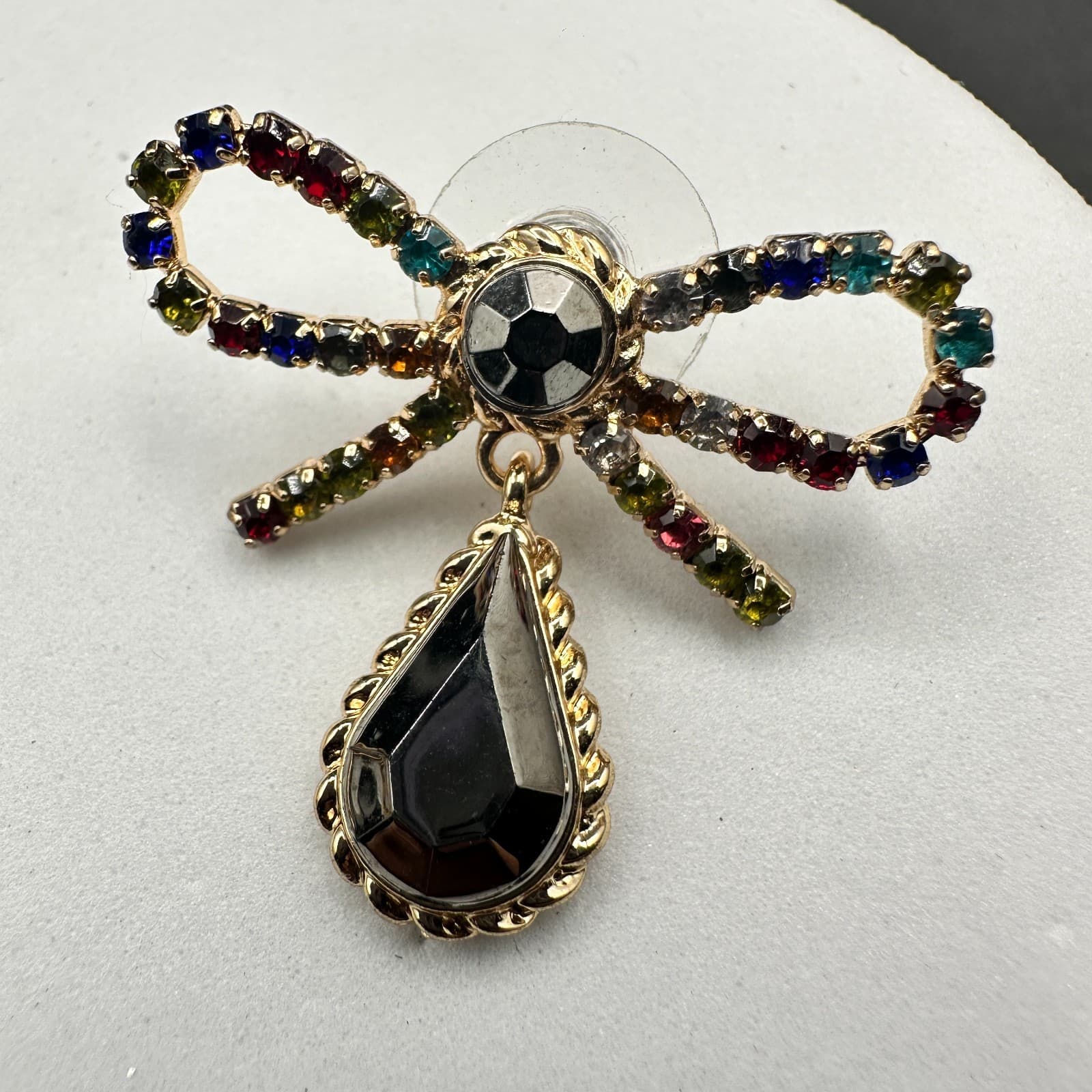 Gold Tone Bow Earrings Rainbow Rhinestones & Black Teardrop Y2K Glam - Thumbnail 6