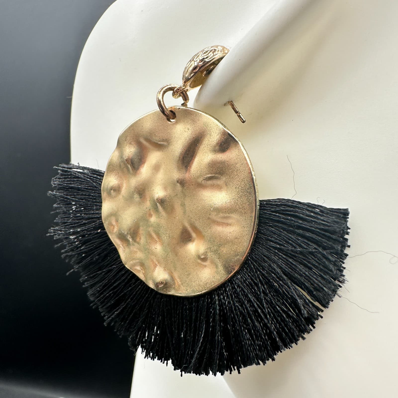 Gold Tone Hammered Disc & Black Fringe Statement Earrings Boho Chic - Thumbnail 8