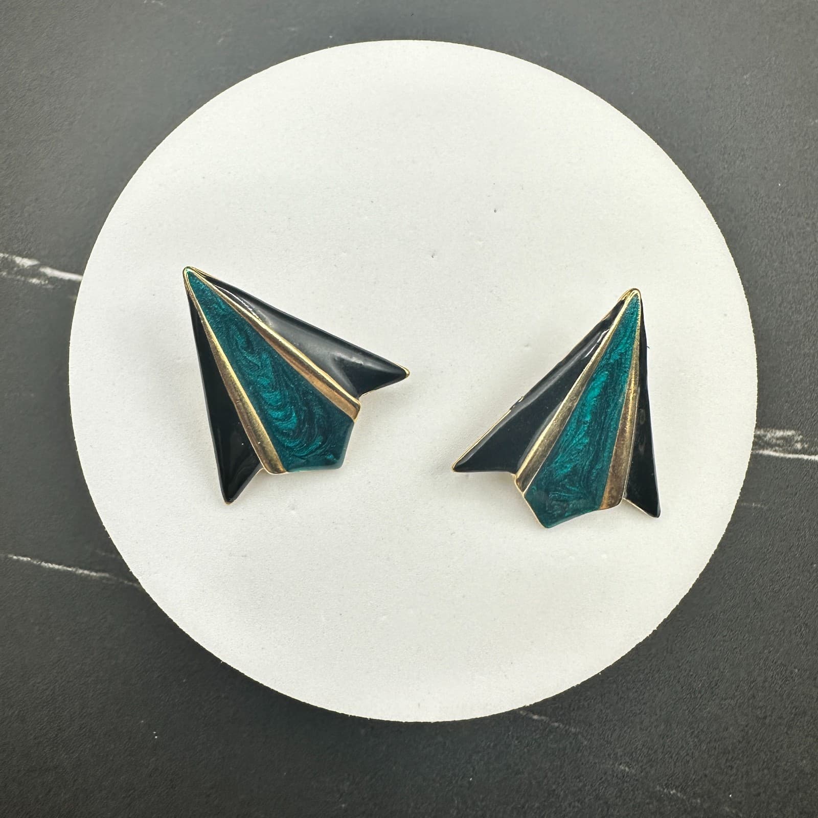 Vintage Teal & Black Geometric Enamel Earrings Gold Accents 80s Art Deco - Thumbnail 2