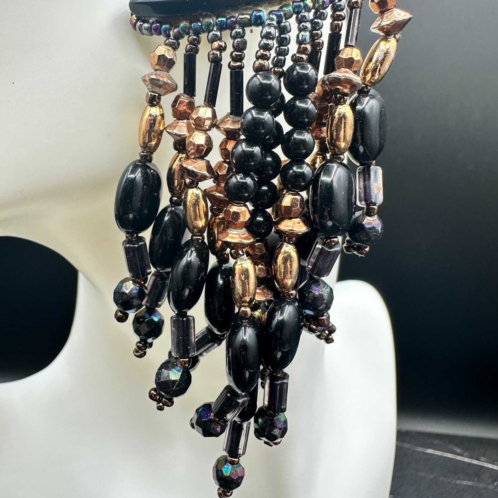 Black & Bronze Multi-Strand Beaded Waterfall Statement Earrings Bold Boho - Thumbnail 4