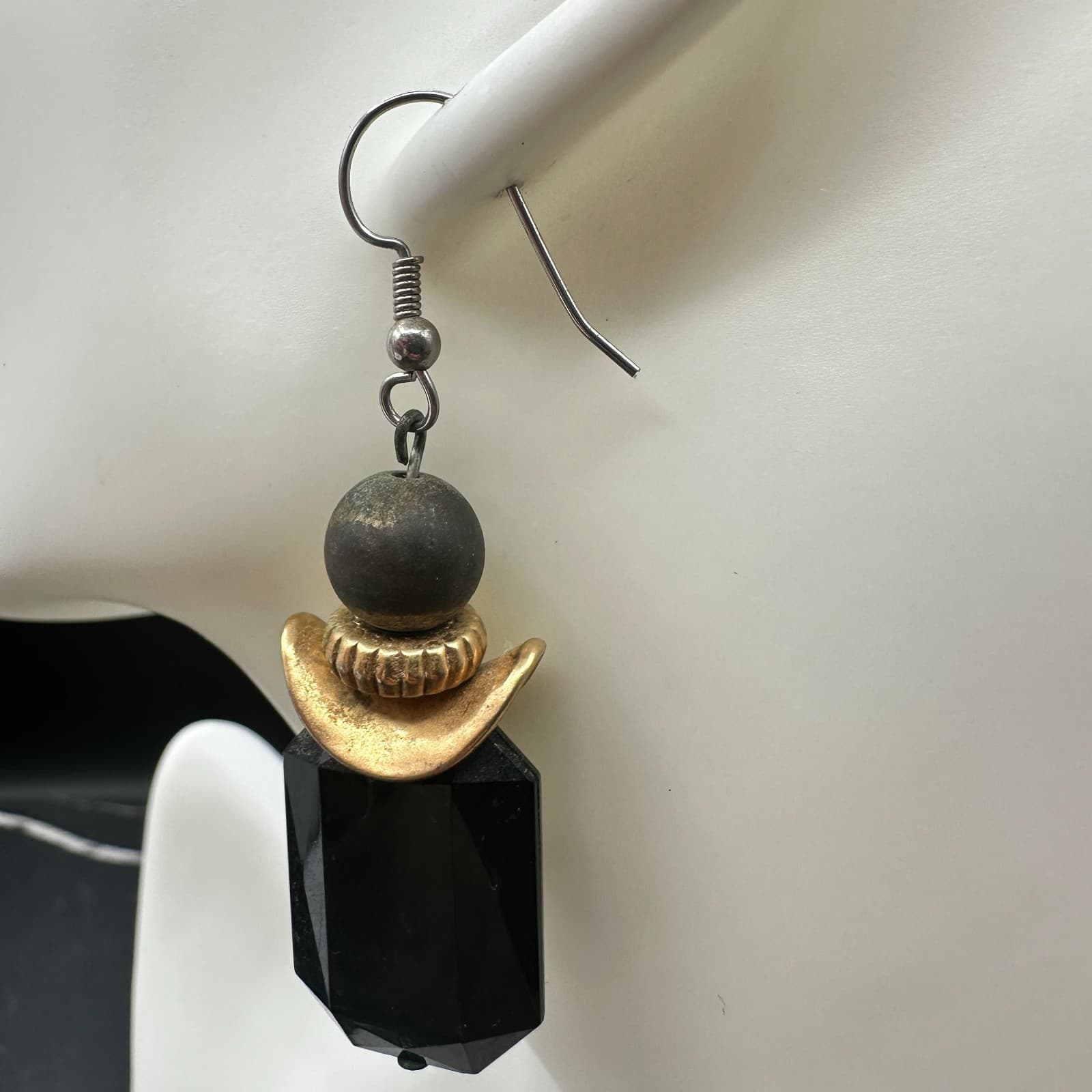 Vintage 90s Black Faceted Drop Earrings Gold Tribal-Inspired Boho Statement - Thumbnail 6