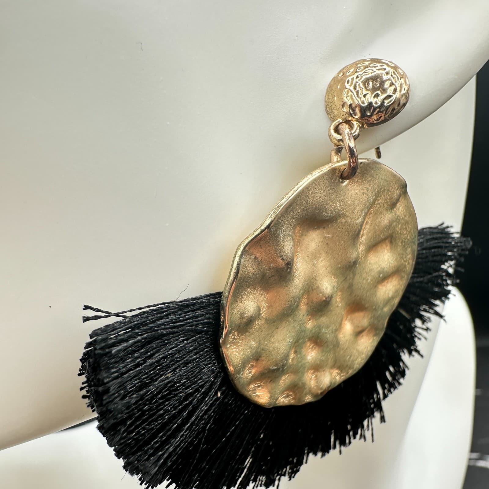 Gold Tone Hammered Disc & Black Fringe Statement Earrings Boho Chic - Thumbnail 9