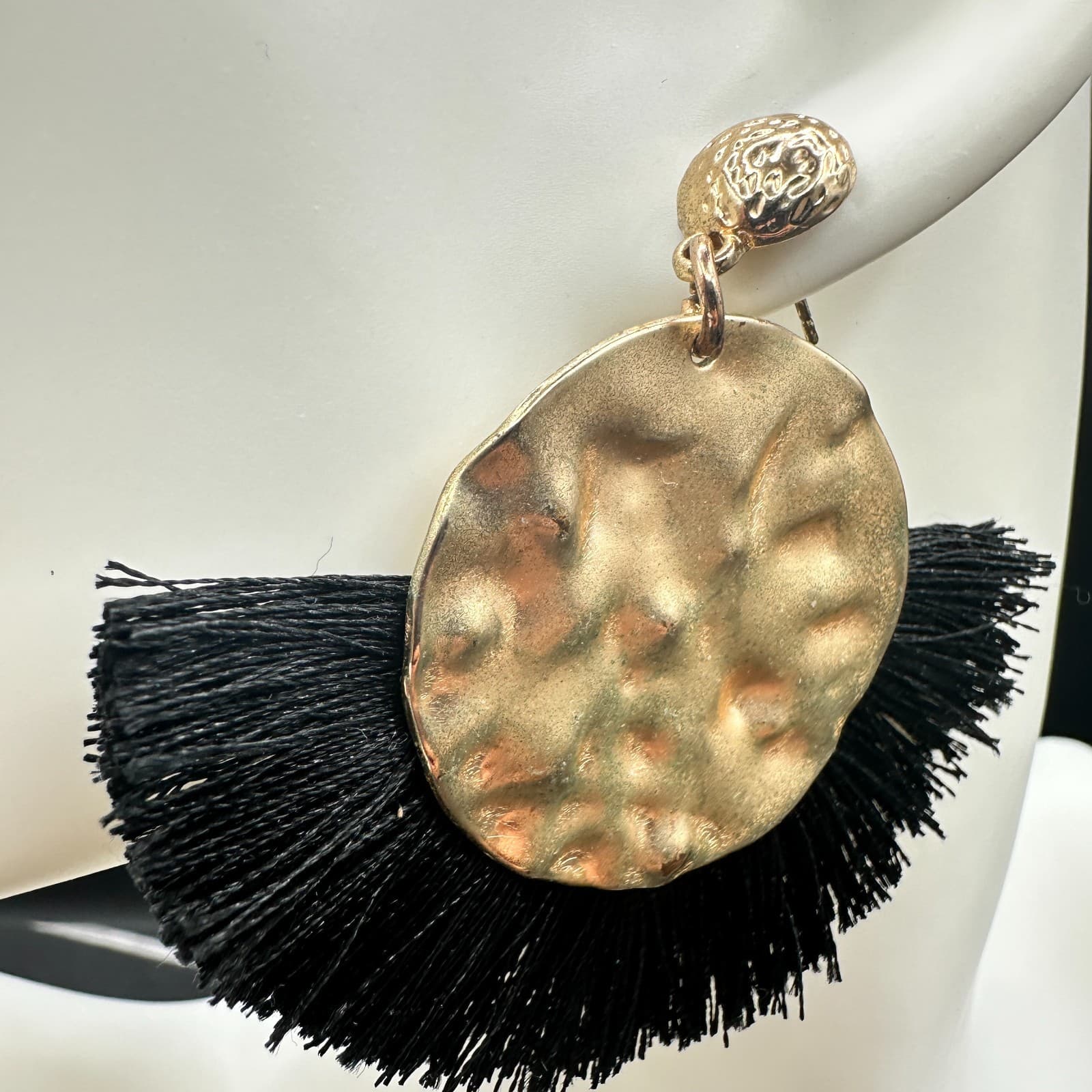 Gold Tone Hammered Disc & Black Fringe Statement Earrings Boho Chic - Thumbnail 10
