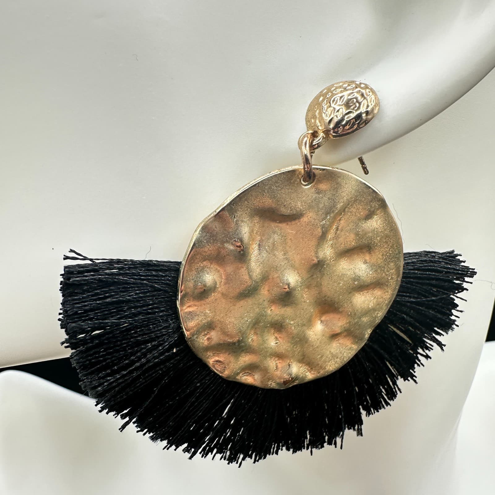Gold Tone Hammered Disc & Black Fringe Statement Earrings Boho Chic - Thumbnail 11