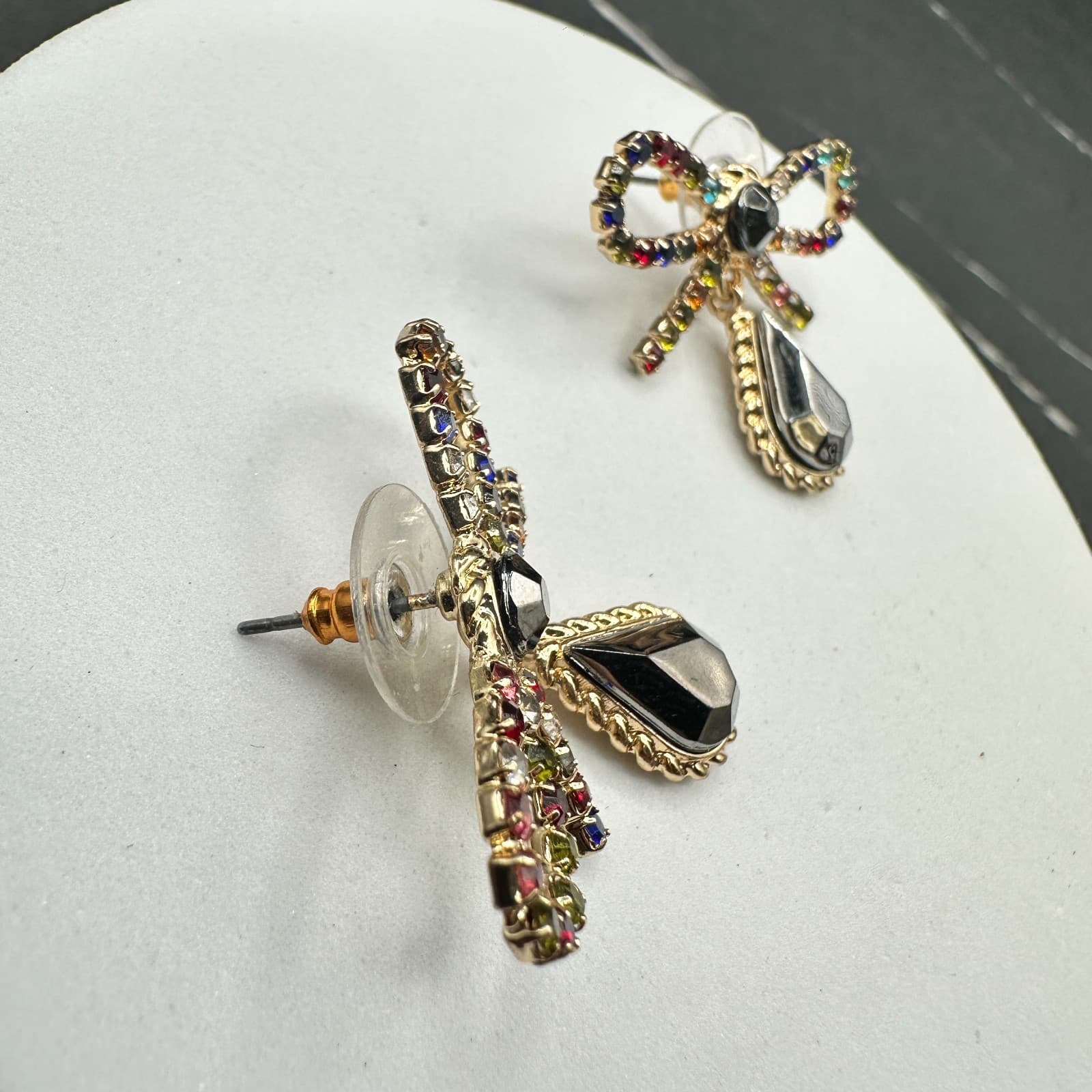 Gold Tone Bow Earrings Rainbow Rhinestones & Black Teardrop Y2K Glam - Thumbnail 5