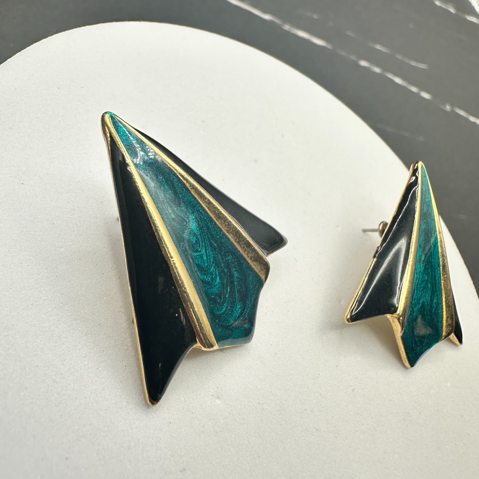 Vintage Teal & Black Geometric Enamel Earrings Gold Accents 80s Art Deco - Thumbnail 3