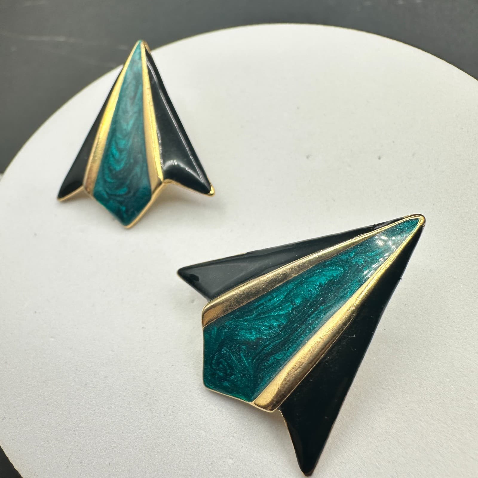 Vintage Teal & Black Geometric Enamel Earrings Gold Accents 80s Art Deco - Thumbnail 4