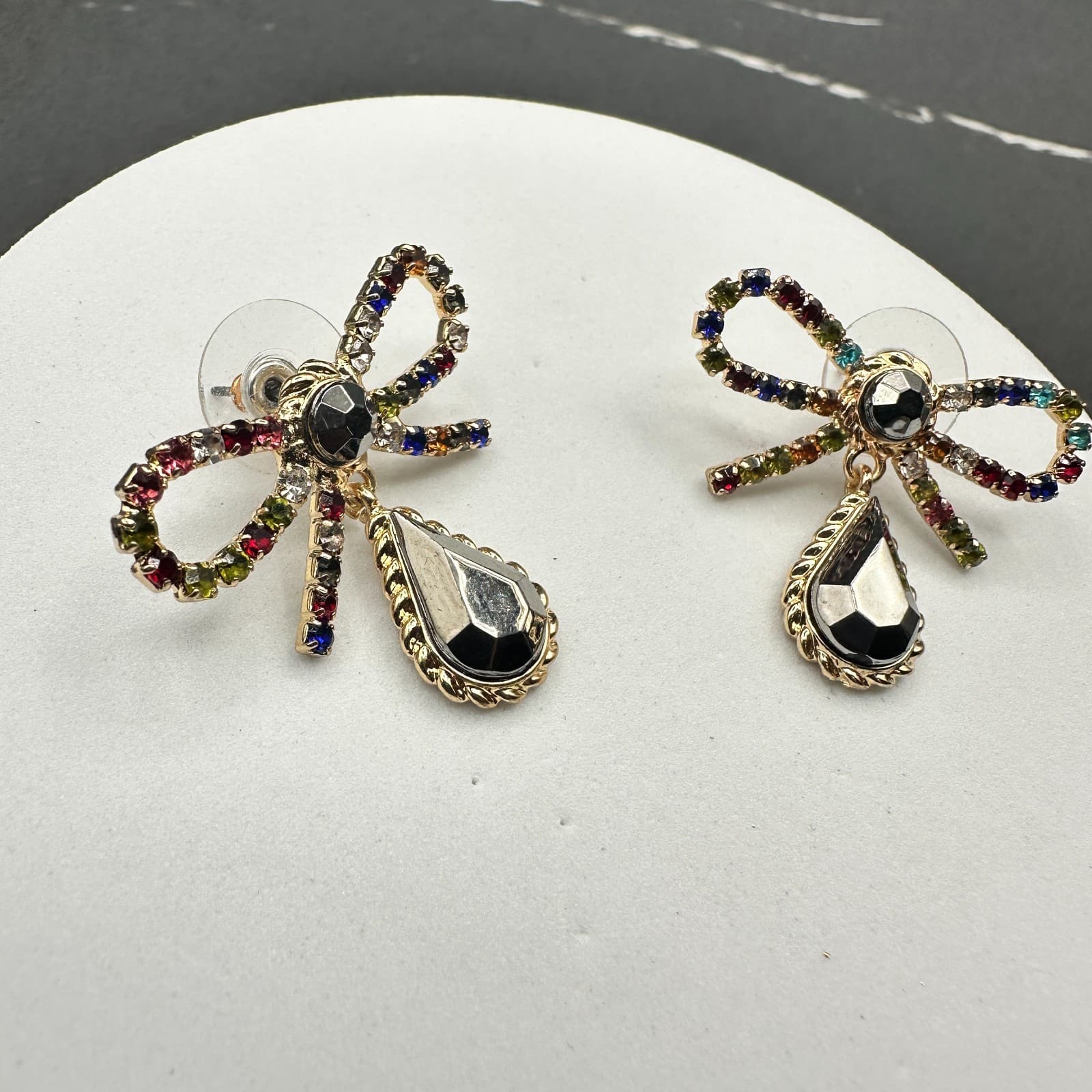 Gold Tone Bow Earrings Rainbow Rhinestones & Black Teardrop Y2K Glam - Thumbnail 2