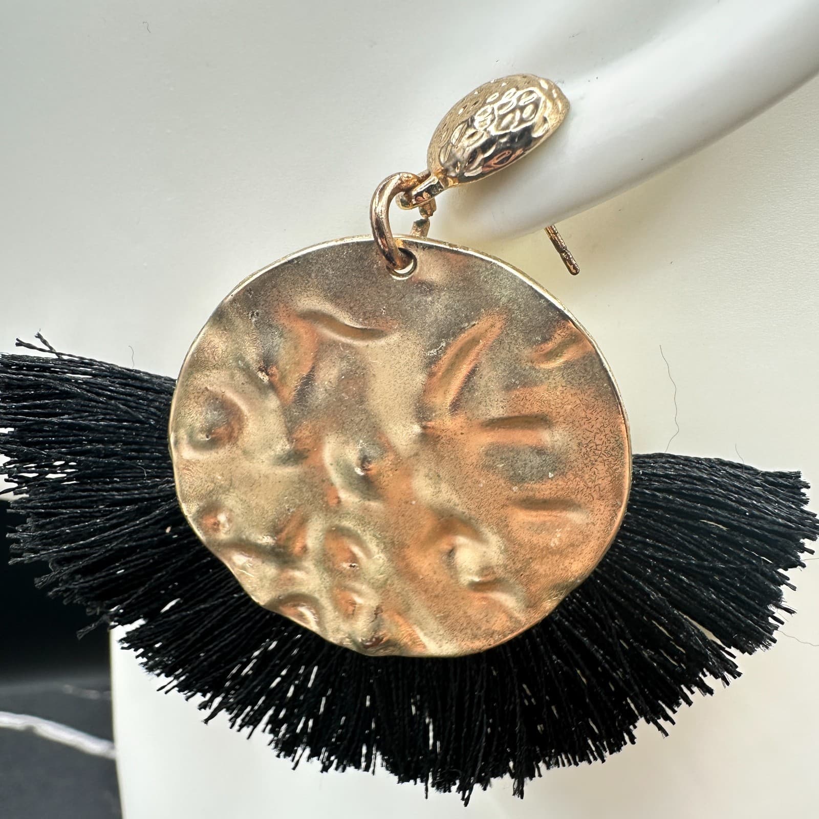 Gold Tone Hammered Disc & Black Fringe Statement Earrings Boho Chic - Thumbnail 6