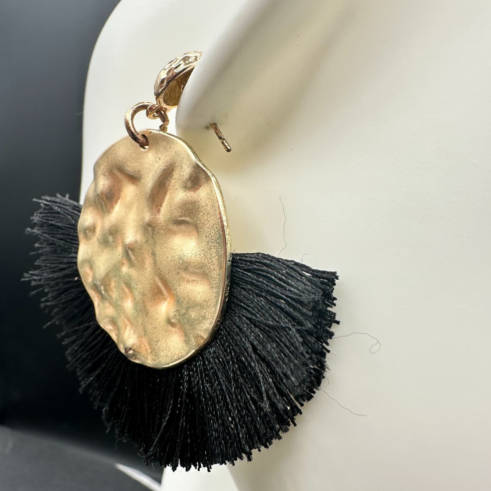 Gold Tone Hammered Disc & Black Fringe Statement Earrings Boho Chic - Thumbnail 7