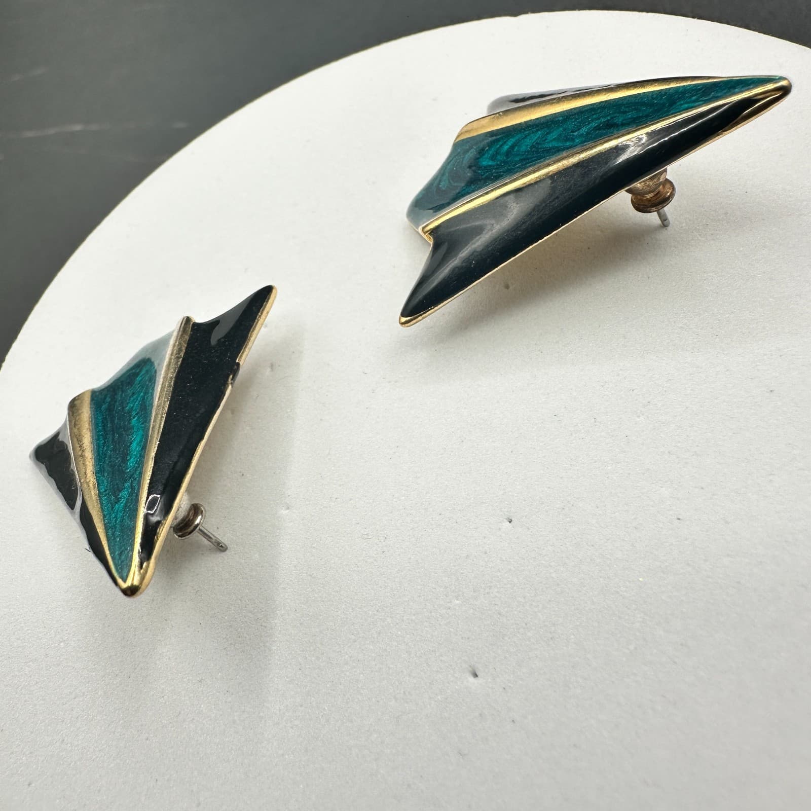 Vintage Teal & Black Geometric Enamel Earrings Gold Accents 80s Art Deco - Thumbnail 6