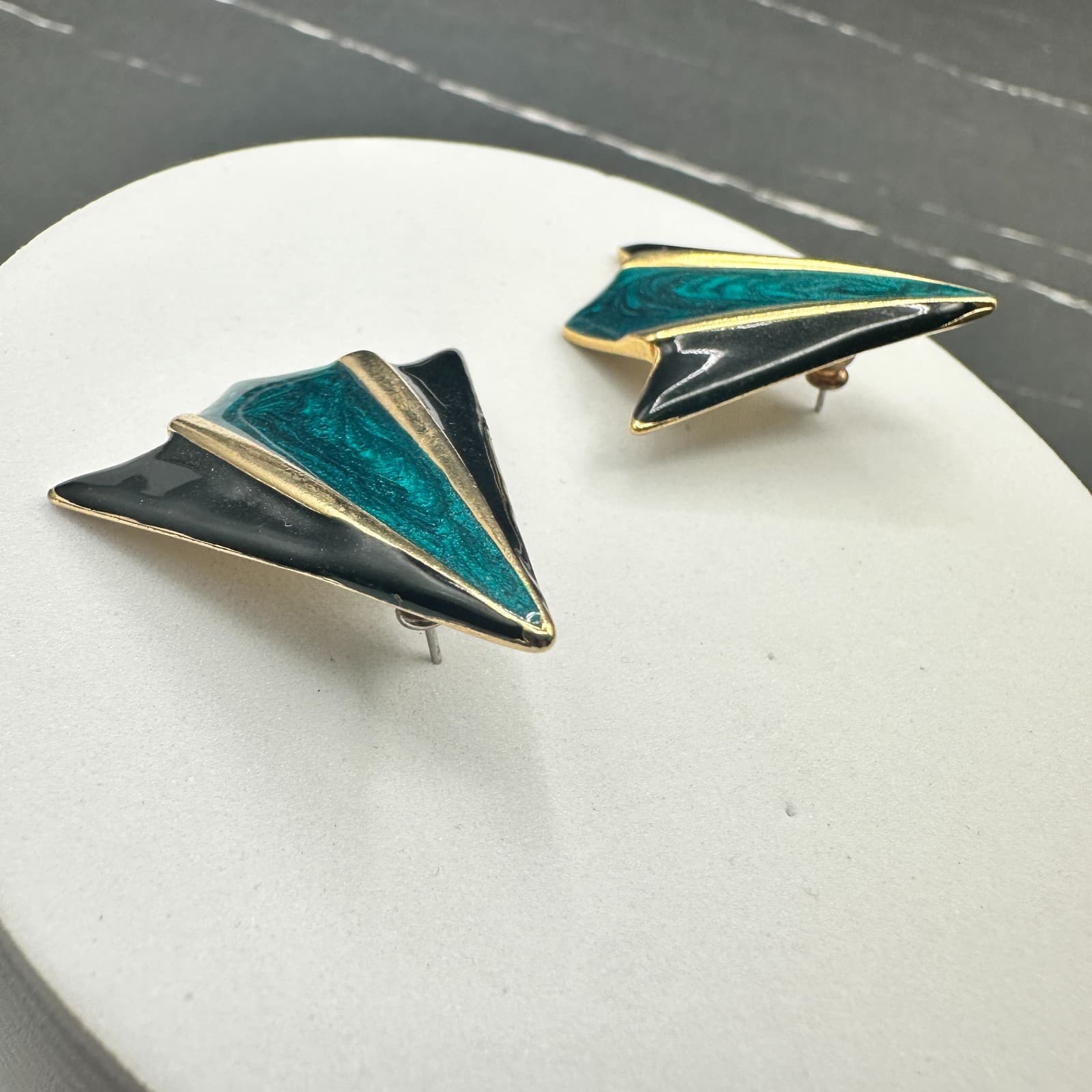 Vintage Teal & Black Geometric Enamel Earrings Gold Accents 80s Art Deco - Thumbnail 5