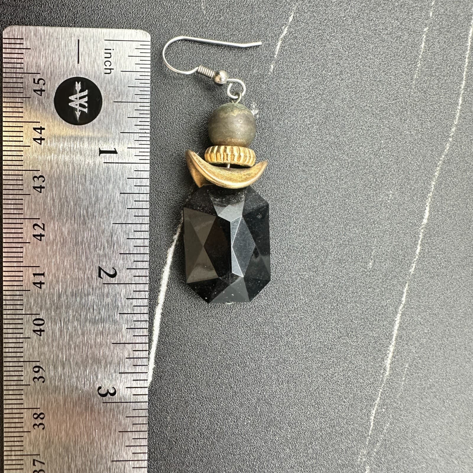 Vintage 90s Black Faceted Drop Earrings Gold Tribal-Inspired Boho Statement - Thumbnail 9