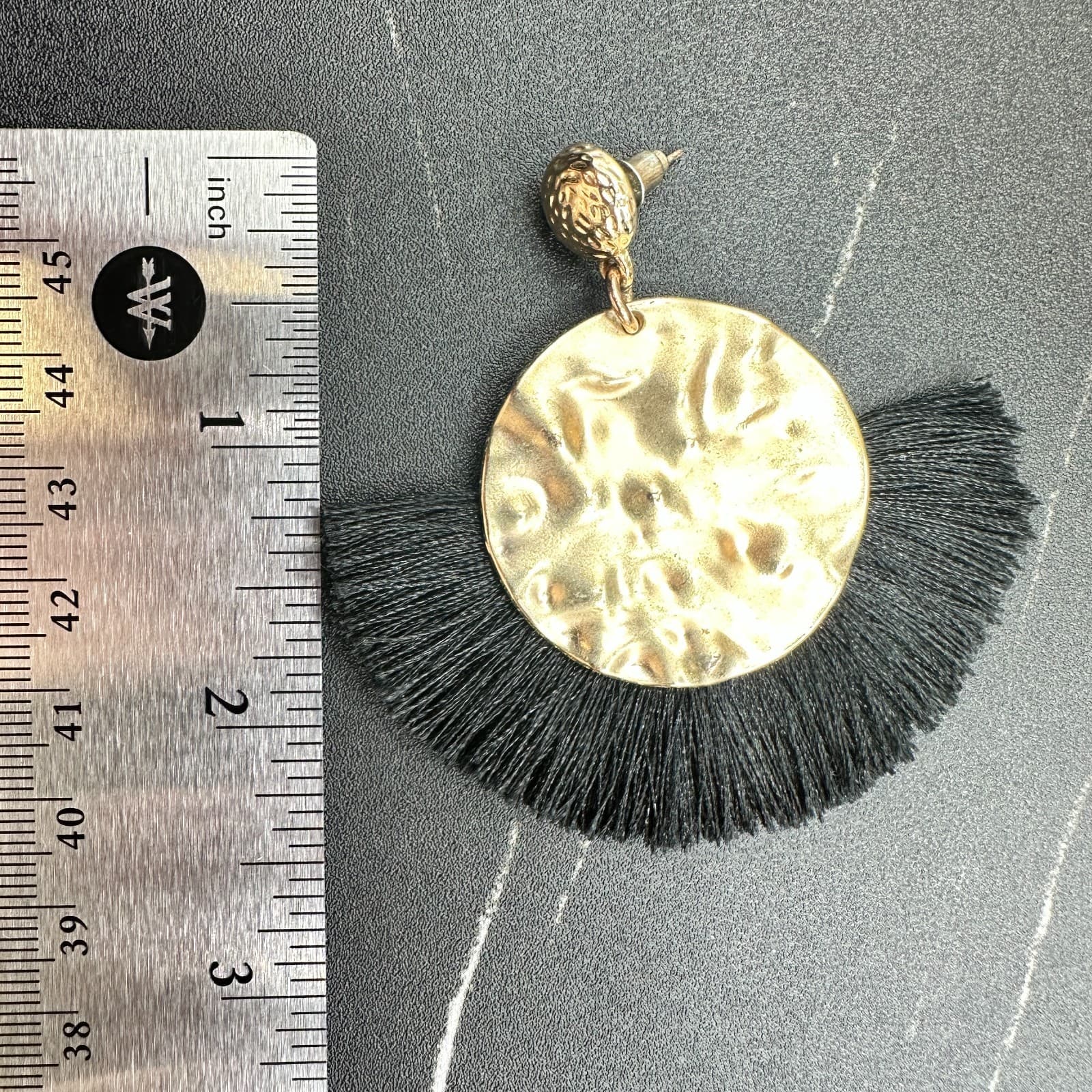 Gold Tone Hammered Disc & Black Fringe Statement Earrings Boho Chic - Thumbnail 12
