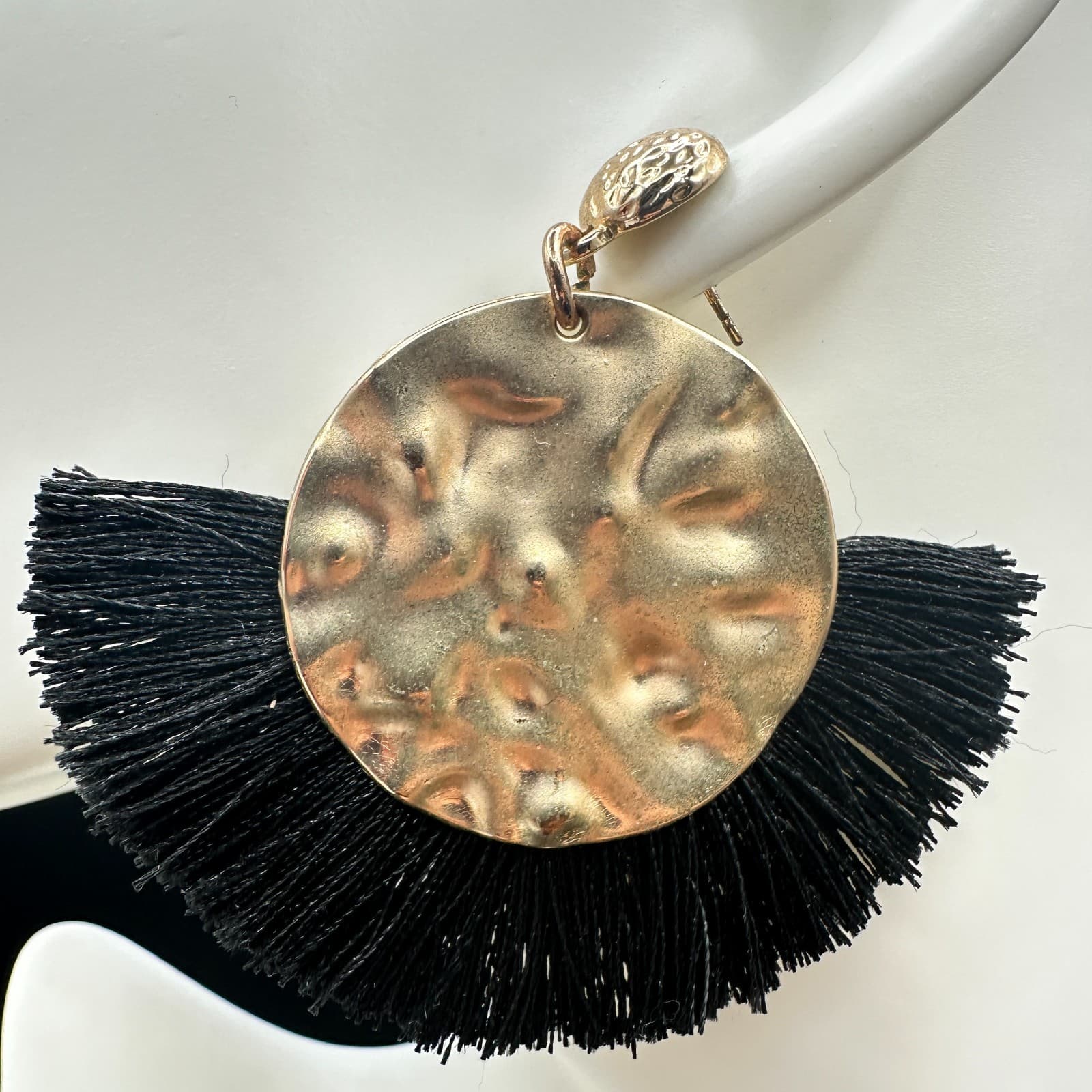 Gold Tone Hammered Disc & Black Fringe Statement Earrings Boho Chic - Thumbnail 4