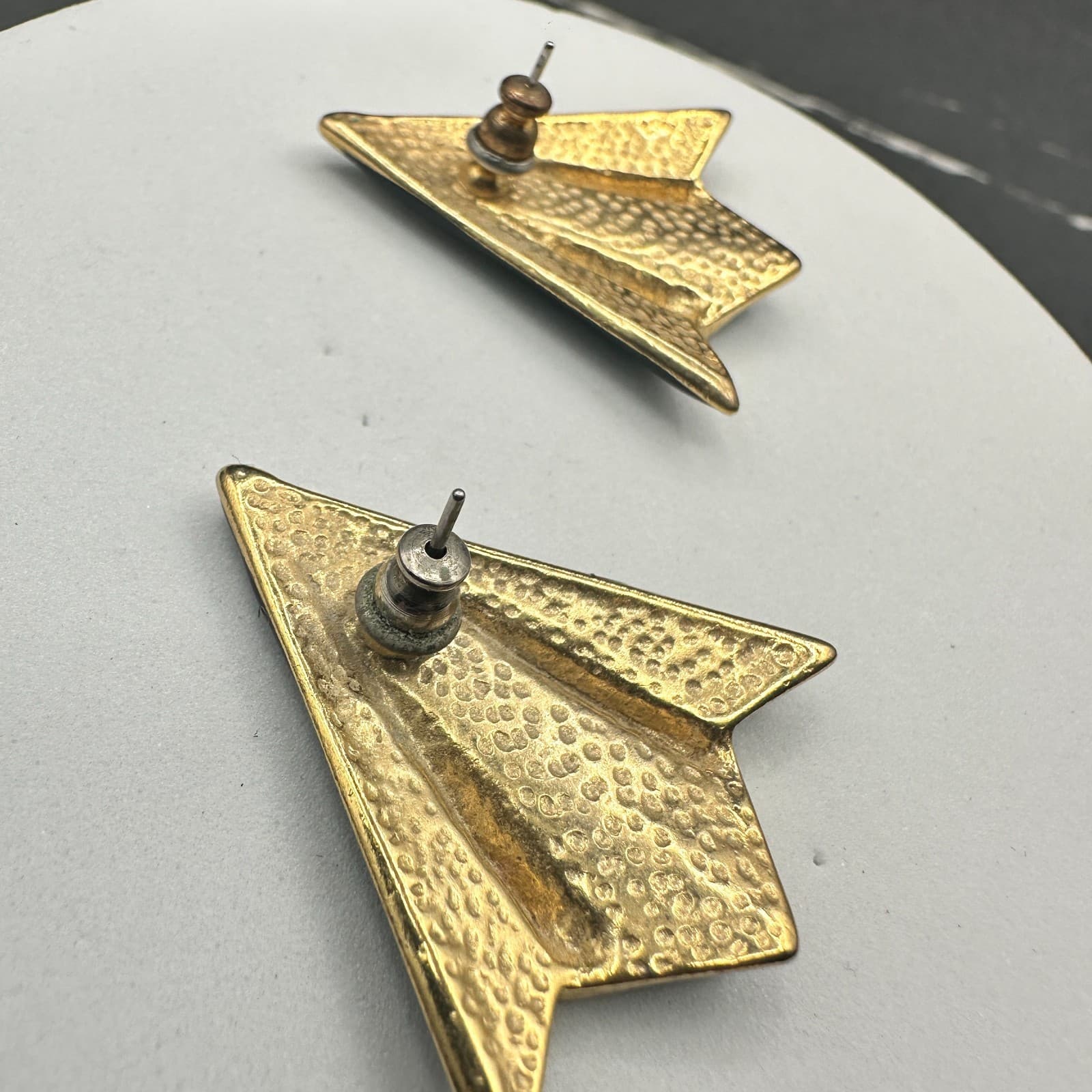 Vintage Teal & Black Geometric Enamel Earrings Gold Accents 80s Art Deco - Thumbnail 8