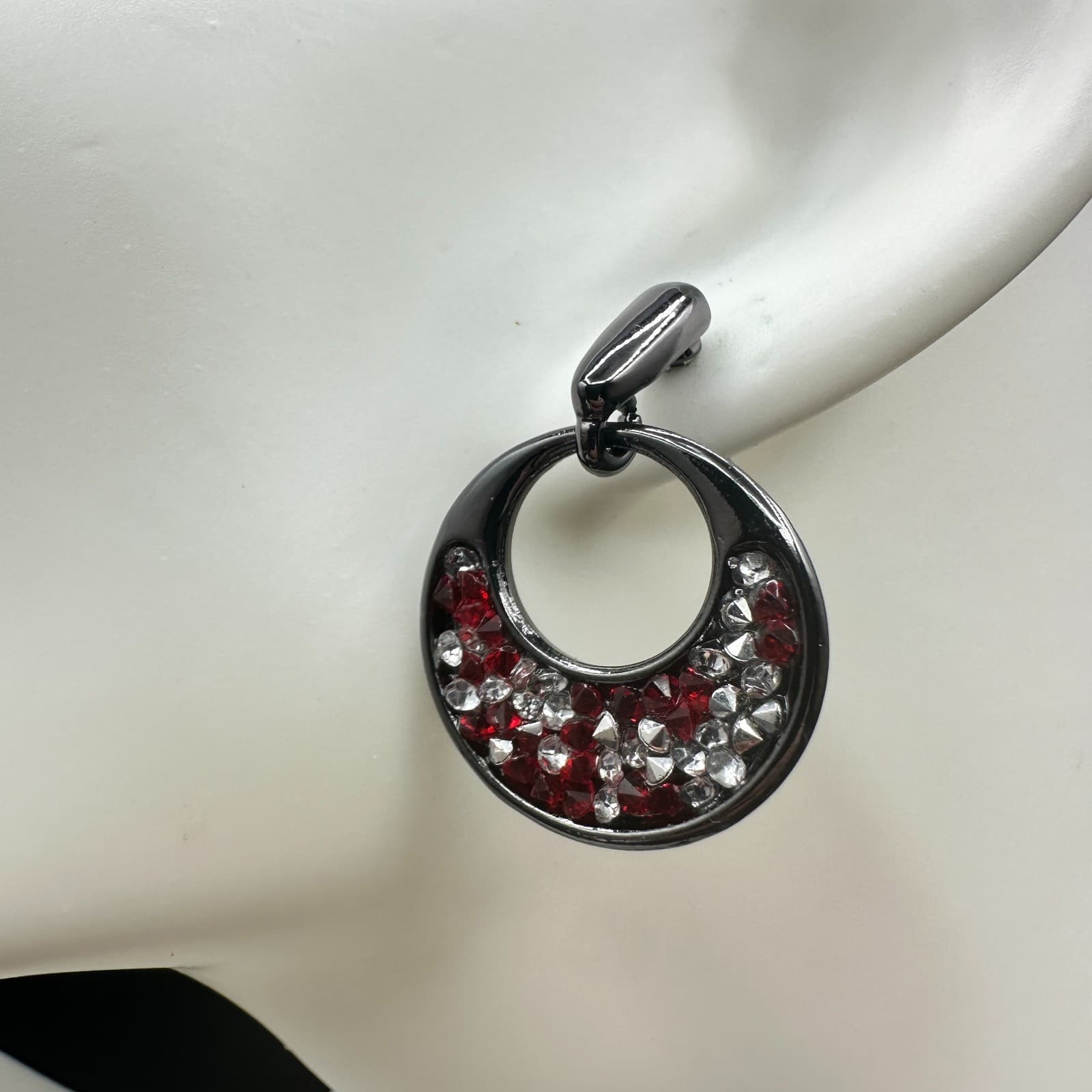 Vintage Red & Clear Rhinestone Open-Hoop Dangle Earrings - Thumbnail 2