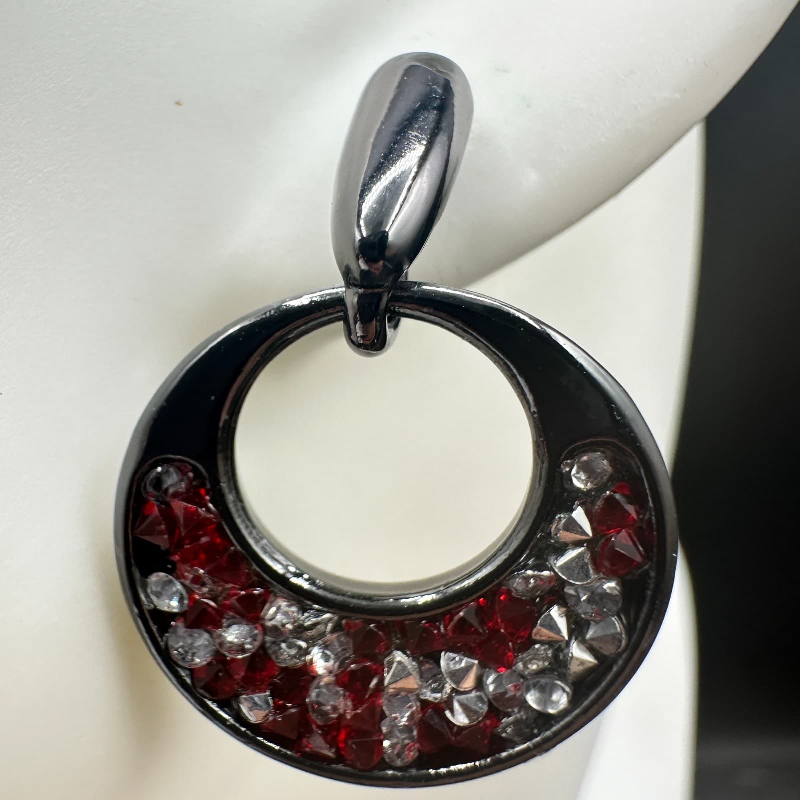 Vintage Red & Clear Rhinestone Open-Hoop Dangle Earrings - Thumbnail 4