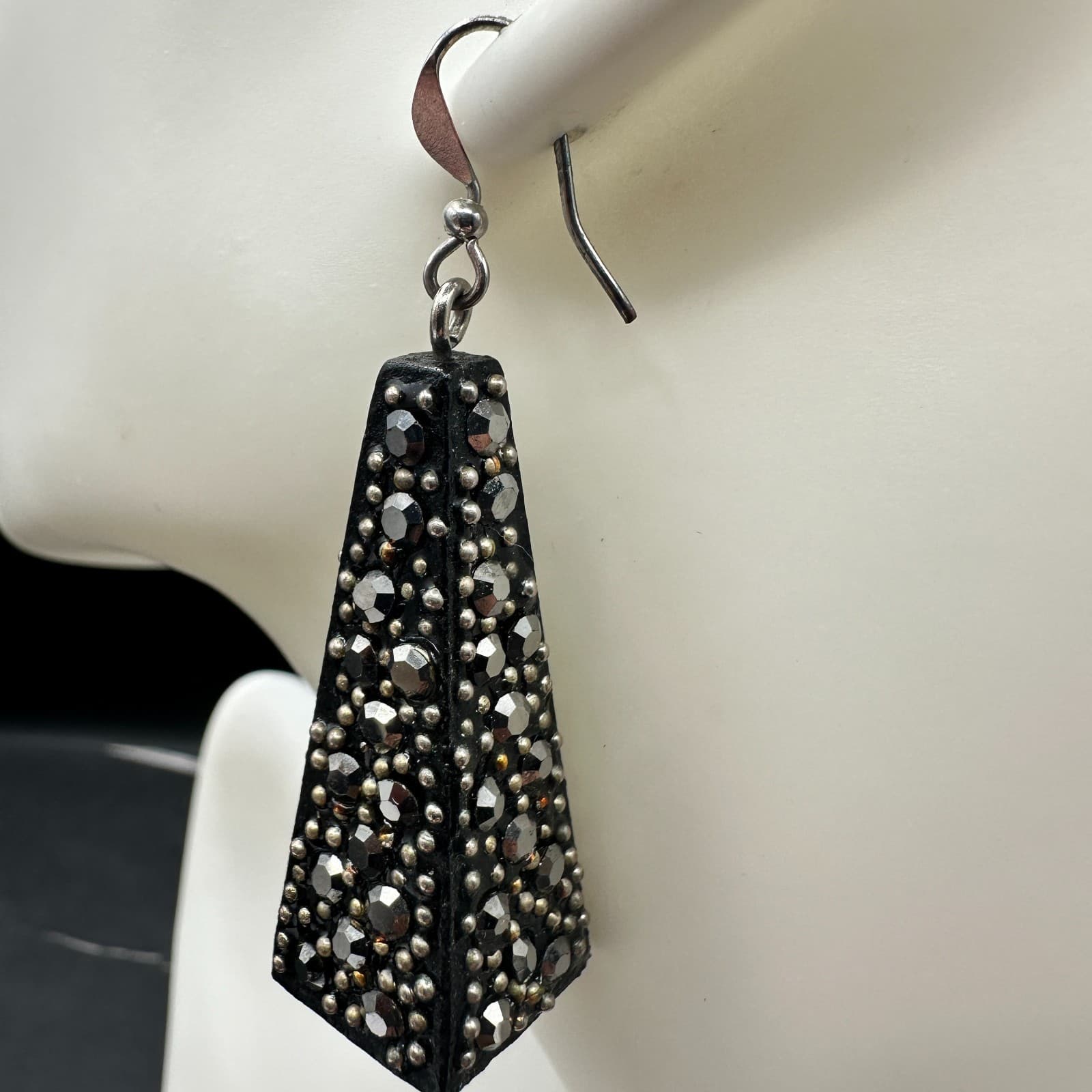 Vintage Black Rhinestone Studded Tapered Dangle Earrings Punk Glam - Thumbnail 2