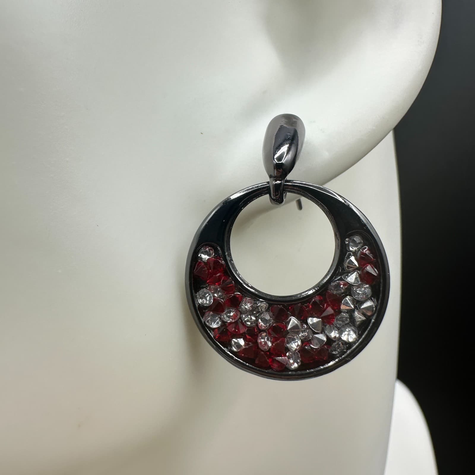 Vintage Red & Clear Rhinestone Open-Hoop Dangle Earrings - Thumbnail 3