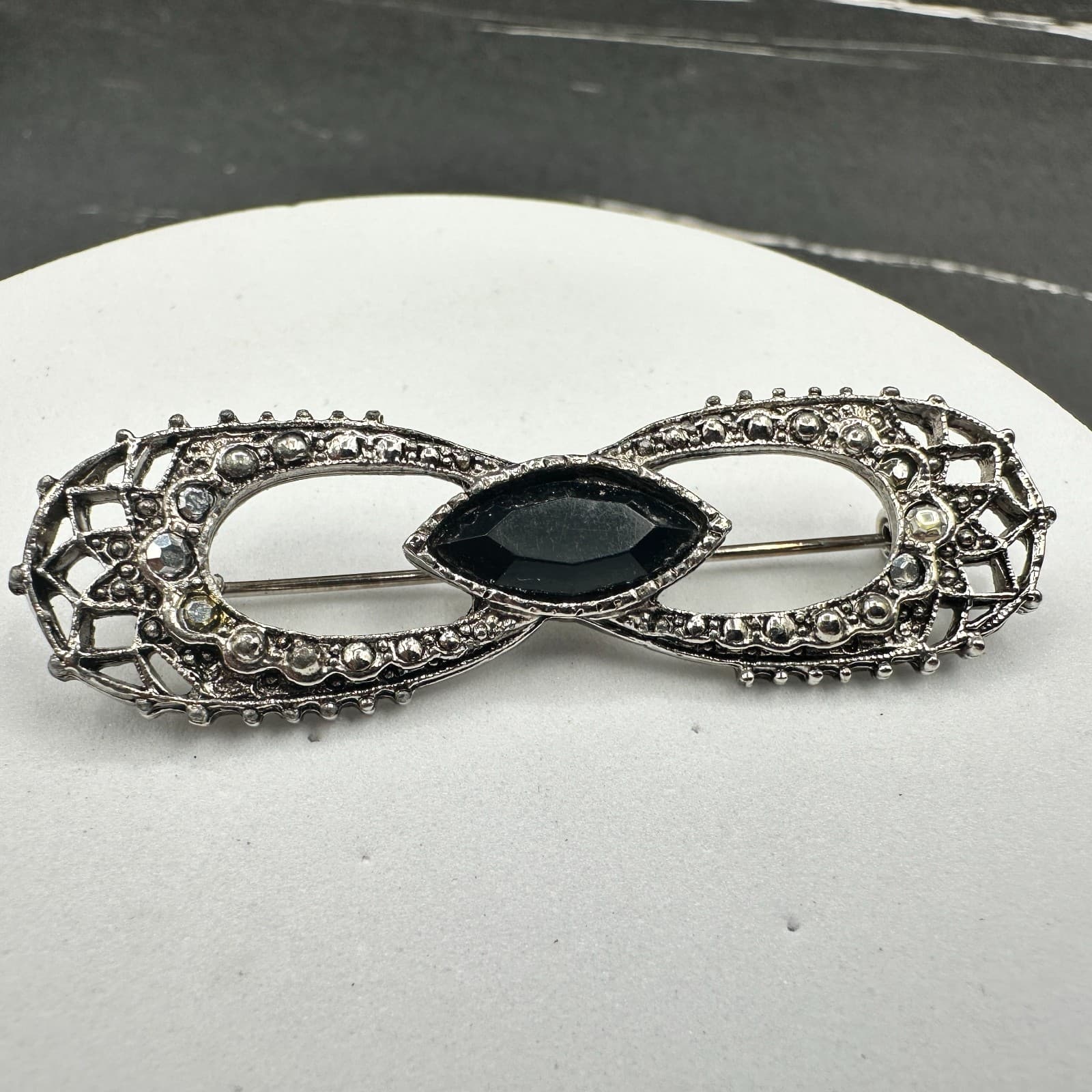 Vintage Silver Tone Black Marquise Rhinestone Brooch Art Deco Style - Thumbnail 3